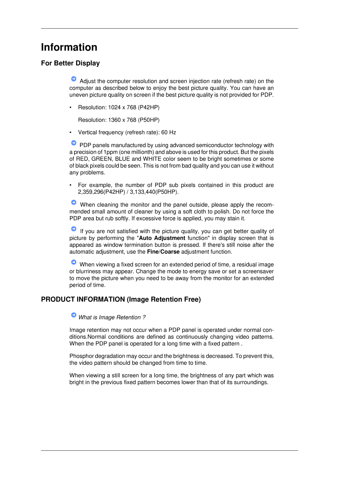 Samsung PH50KPPLBF/XY, PH50KPPLBF/SM, PH50KLPLBF/XY manual For Better Display, Product Information Image Retention Free 