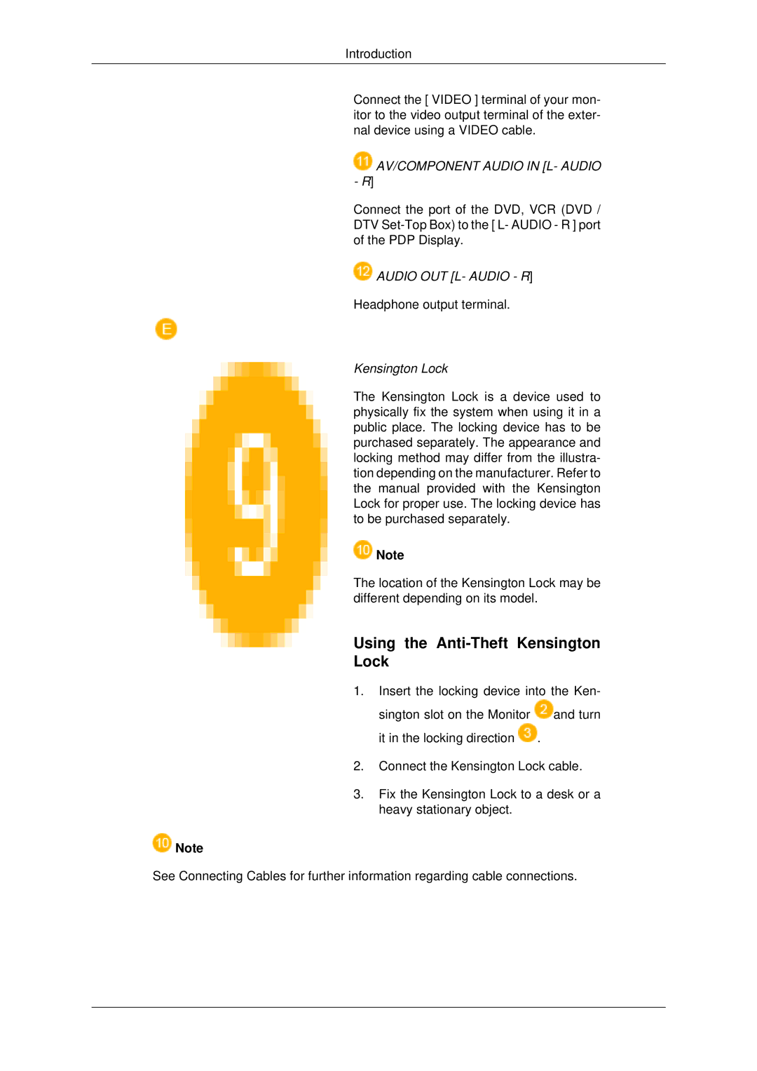 Samsung PH50KLPLBF/XY, PH50KPPLBF/XY, PH50KPPLBF/SM Using the Anti-Theft Kensington Lock, AV/COMPONENT Audio in L- Audio R 