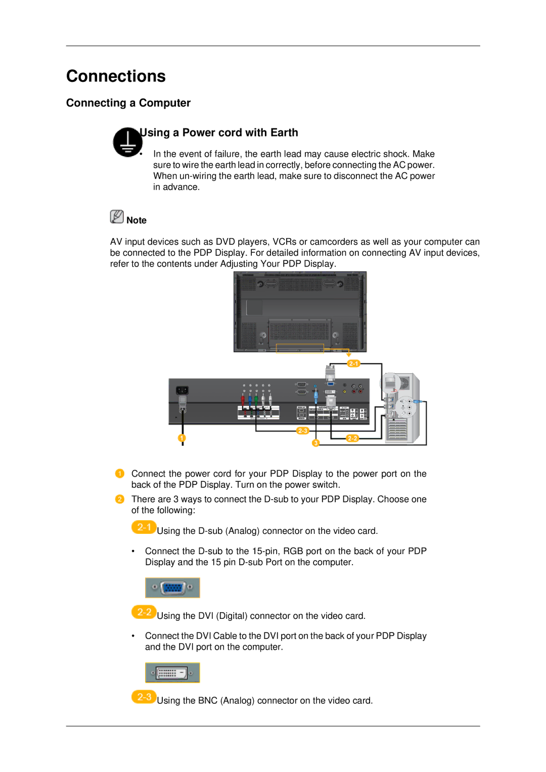 Samsung PH50KPPLBF/XY, PH50KPPLBF/SM, PH50KLPLBF/XY manual Connections, Connecting a Computer Using a Power cord with Earth 