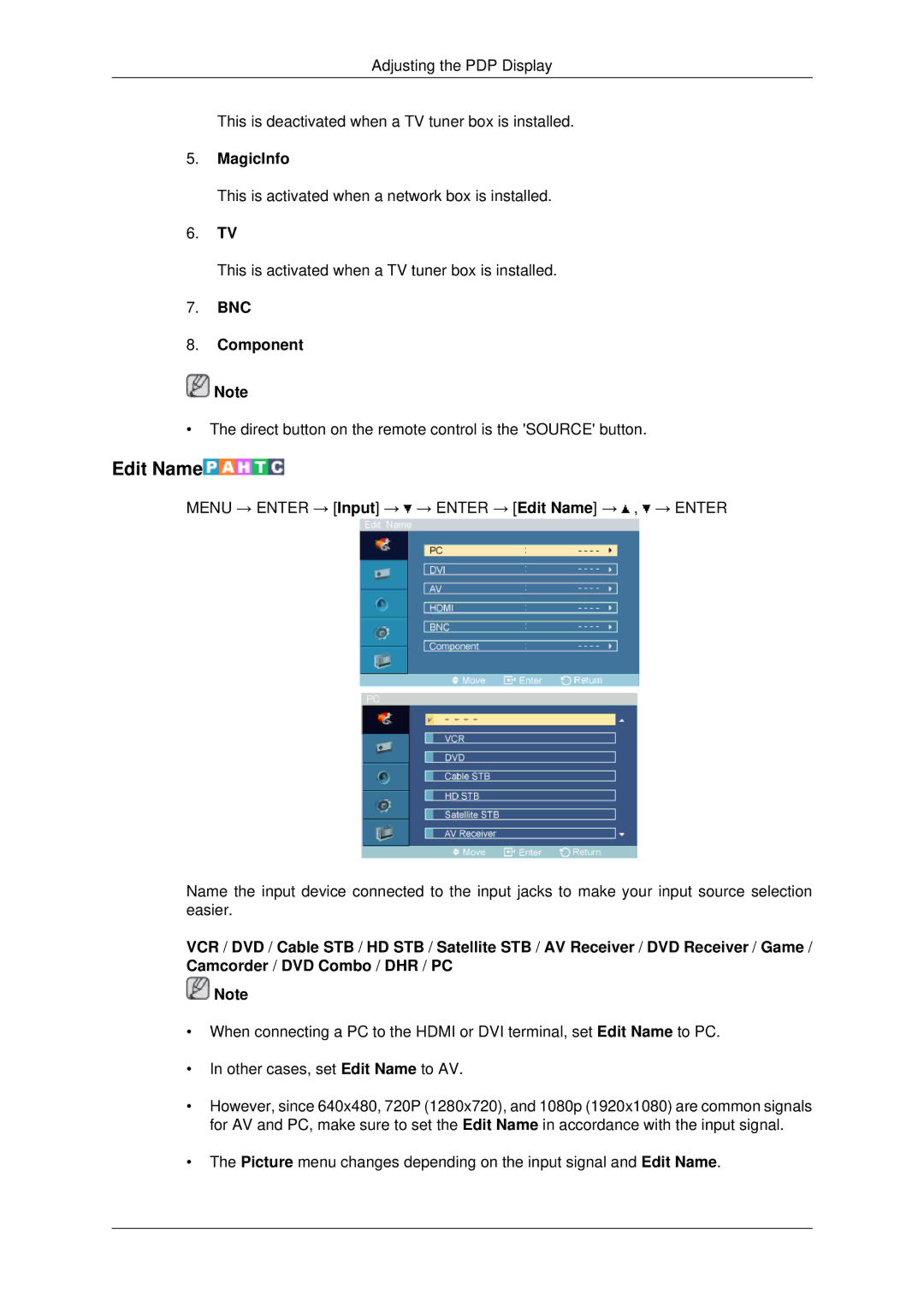 Samsung PH50KPPLBF/XY, PH50KPPLBF/SM, PH50KLPLBF/XY manual Edit Name, MagicInfo, BNC Component 