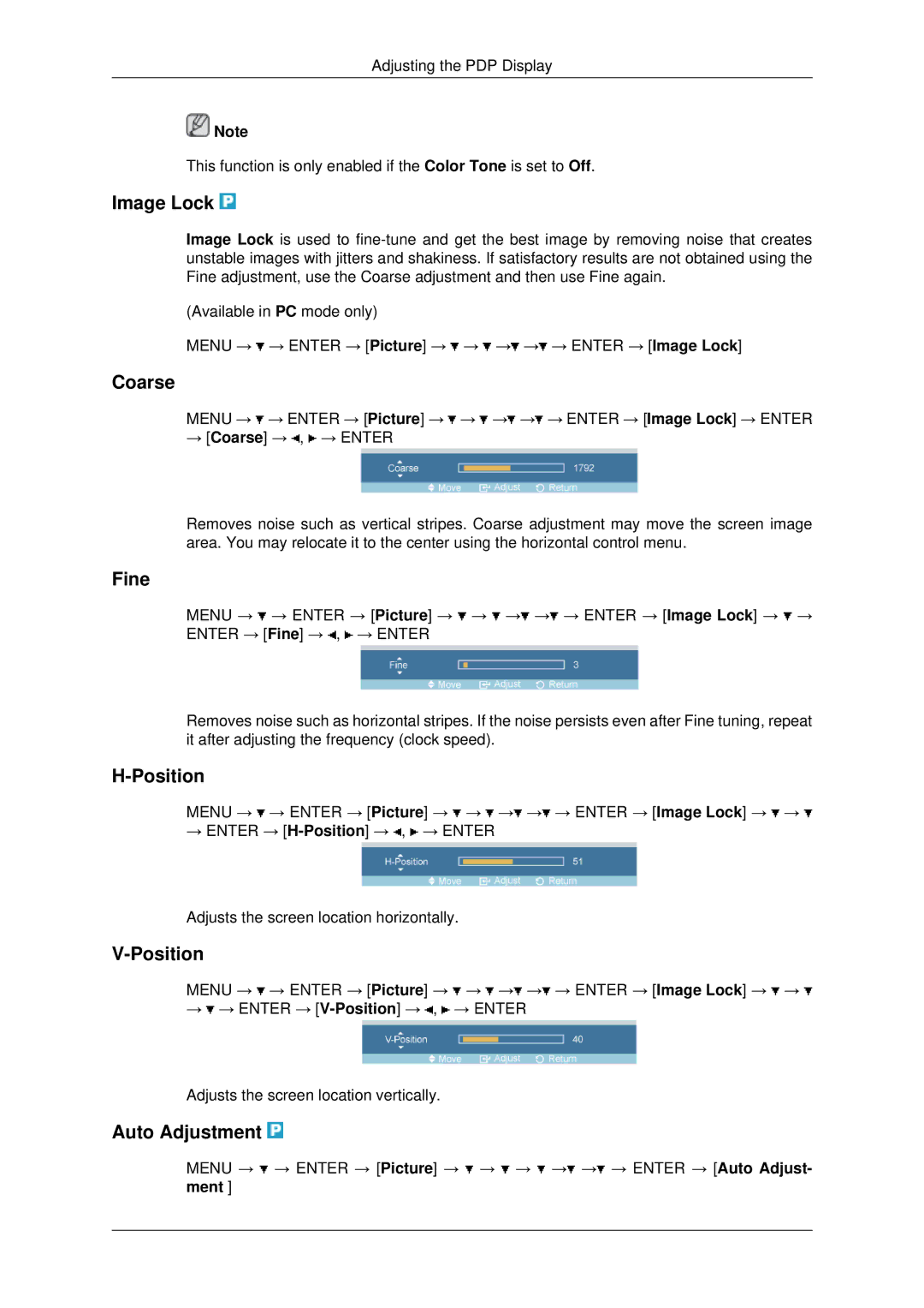 Samsung PH50KPPLBF/SM, PH50KPPLBF/XY, PH50KLPLBF/XY manual Image Lock, Coarse, Fine, Position, Auto Adjustment 
