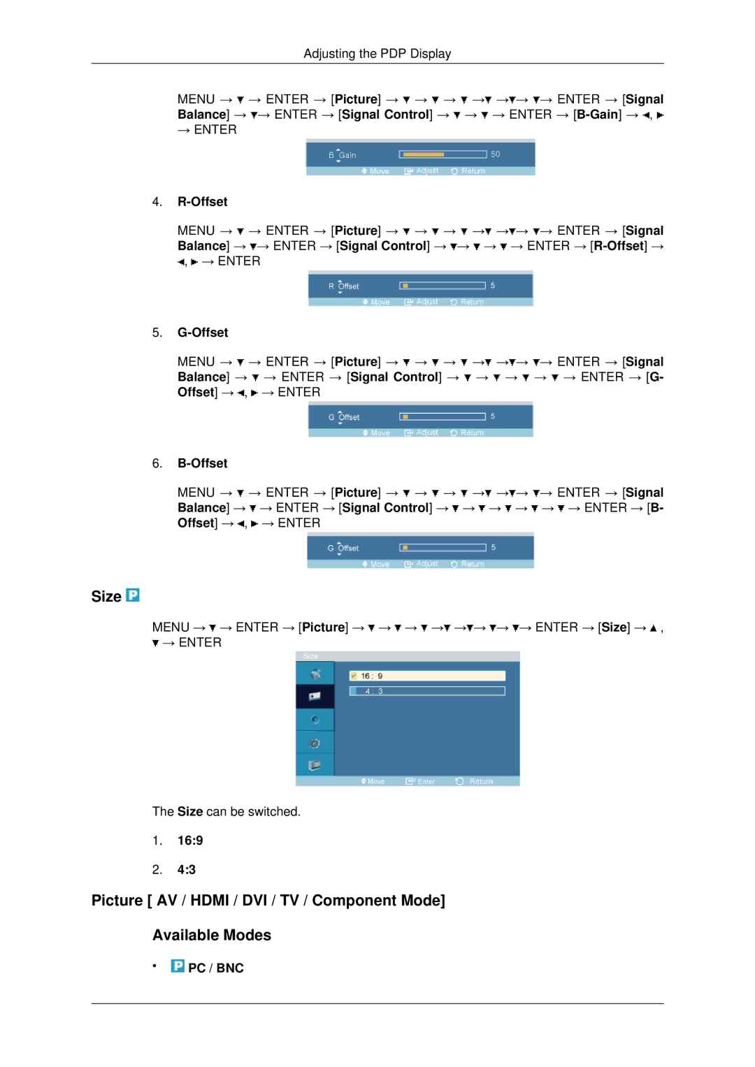 Samsung PH50KPPLBF/XY, PH50KPPLBF/SM, PH50KLPLBF/XY manual Size, Offset, Pc / Bnc 