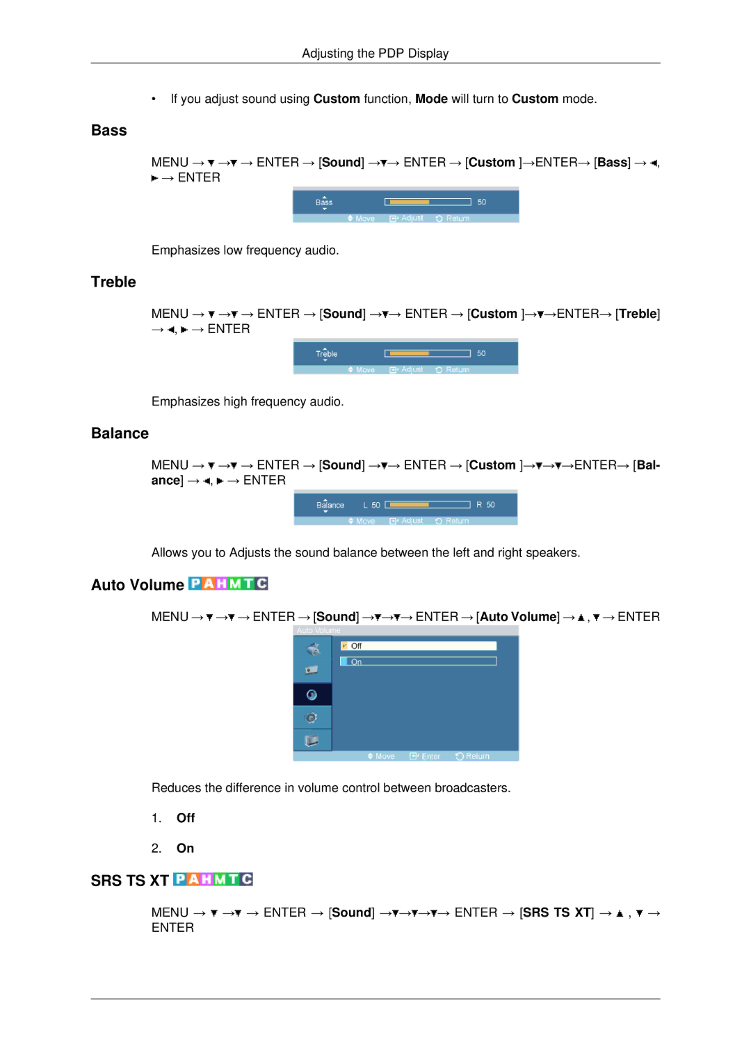 Samsung PH50KPPLBF/XY, PH50KPPLBF/SM, PH50KLPLBF/XY manual Bass, Treble, Balance, Auto Volume 