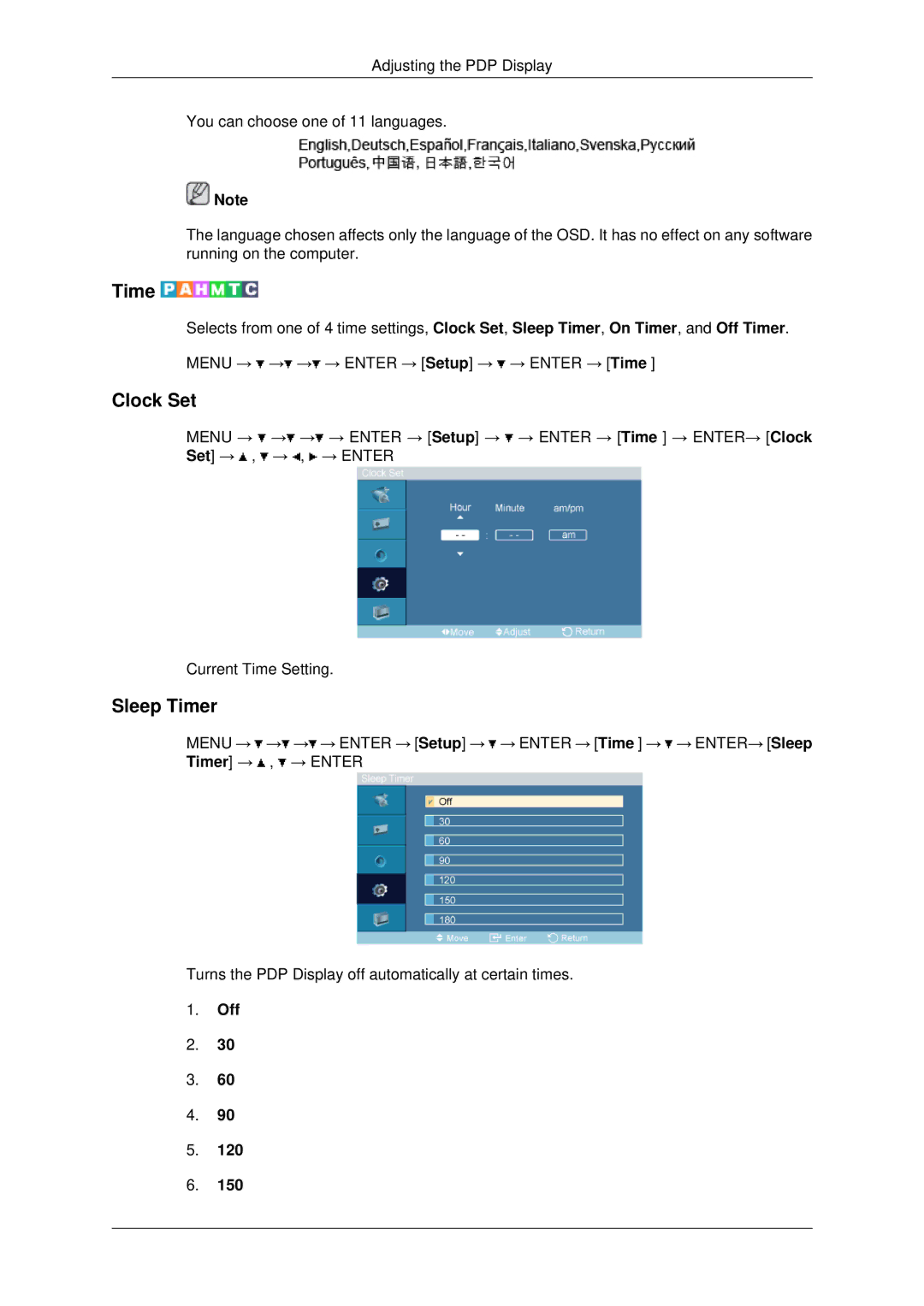 Samsung PH50KLPLBF/XY, PH50KPPLBF/XY, PH50KPPLBF/SM manual Clock Set, Sleep Timer 