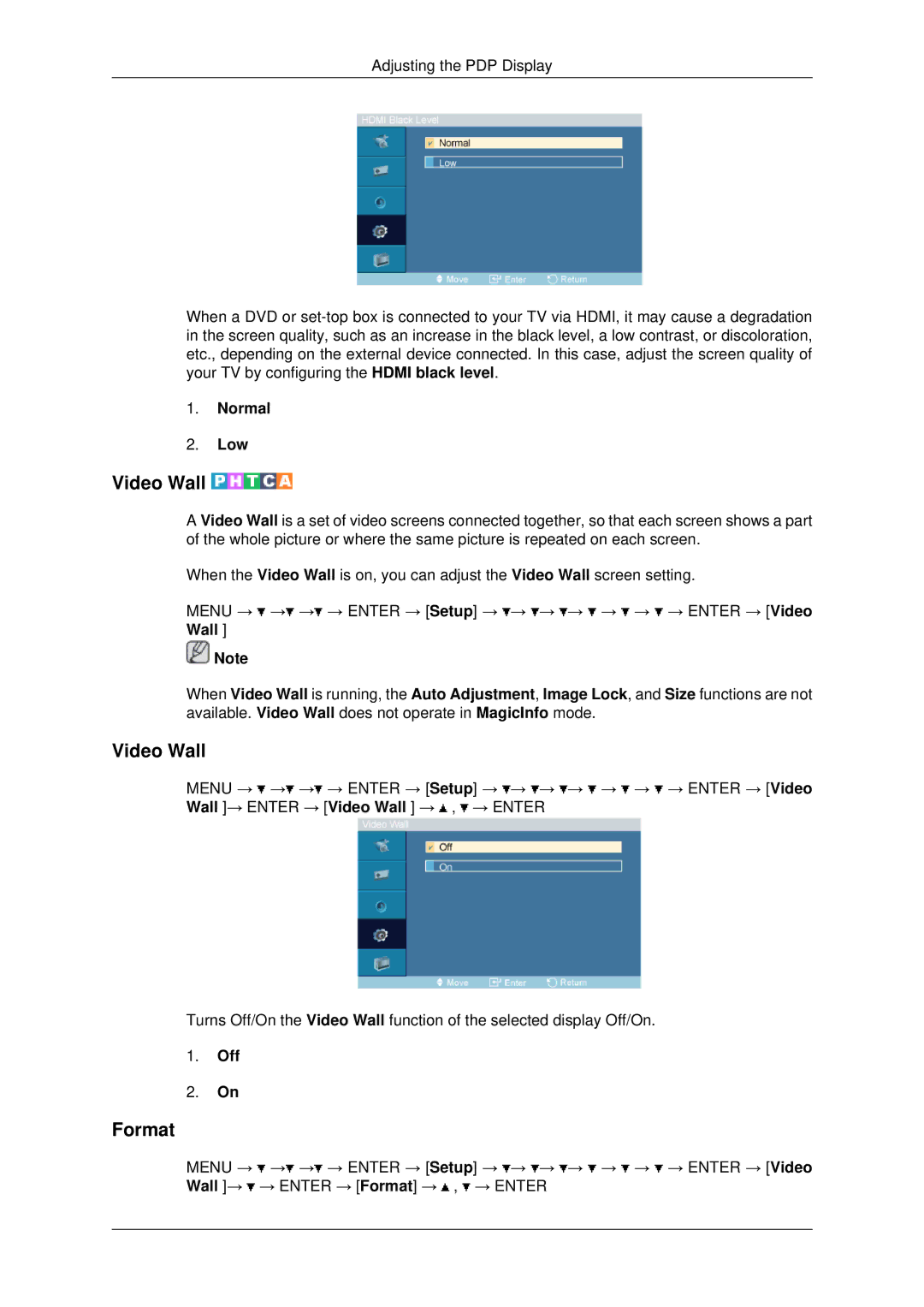 Samsung PH50KLPLBF/XY, PH50KPPLBF/XY, PH50KPPLBF/SM manual Video Wall, Format, Normal Low 