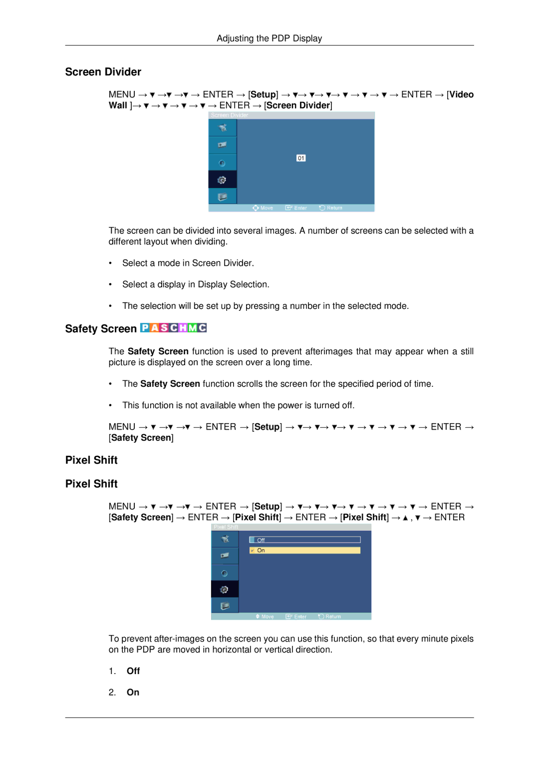 Samsung PH50KPPLBF/SM, PH50KPPLBF/XY, PH50KLPLBF/XY manual Screen Divider, Safety Screen, Pixel Shift 