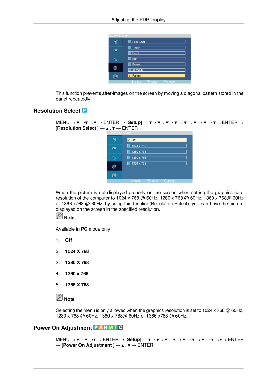 Samsung PH50KPPLBF/XY, PH50KPPLBF/SM, PH50KLPLBF/XY Resolution Select, Power On Adjustment, Off 1024 X 1280 X 1360 x 1366 X 