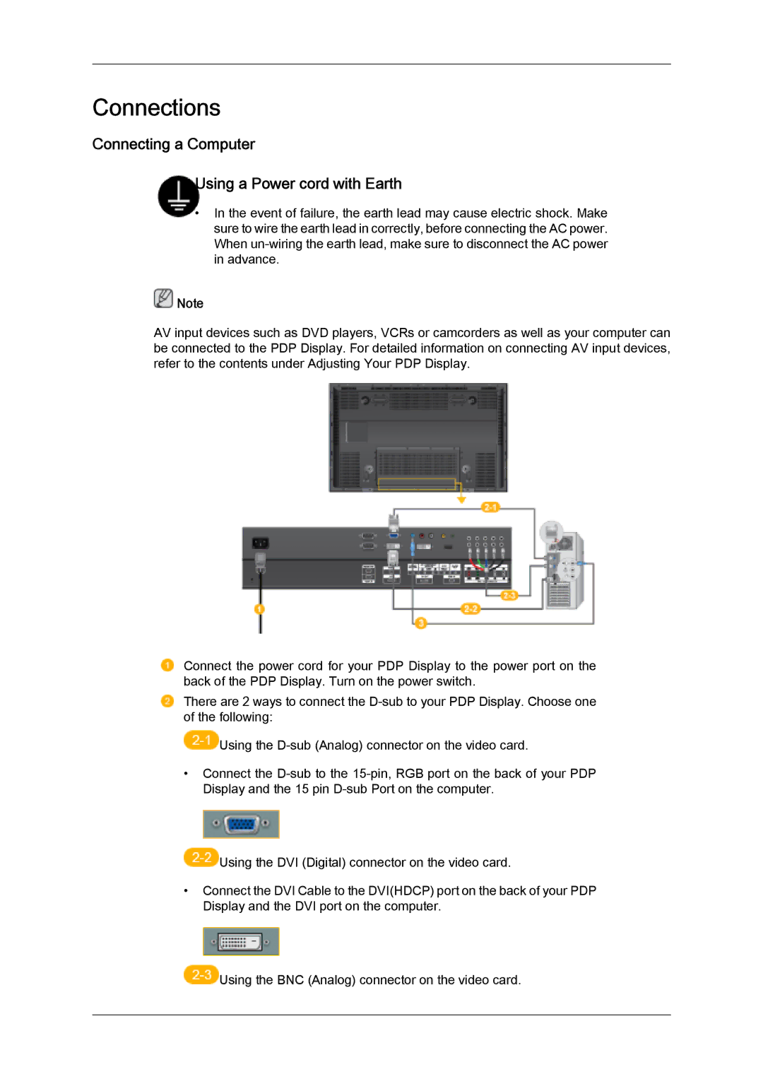 Samsung PH63KLFLBC/XY, PH63KPFLBF/EN, PH50KLFLBC/EN manual Connections, Connecting a Computer Using a Power cord with Earth 