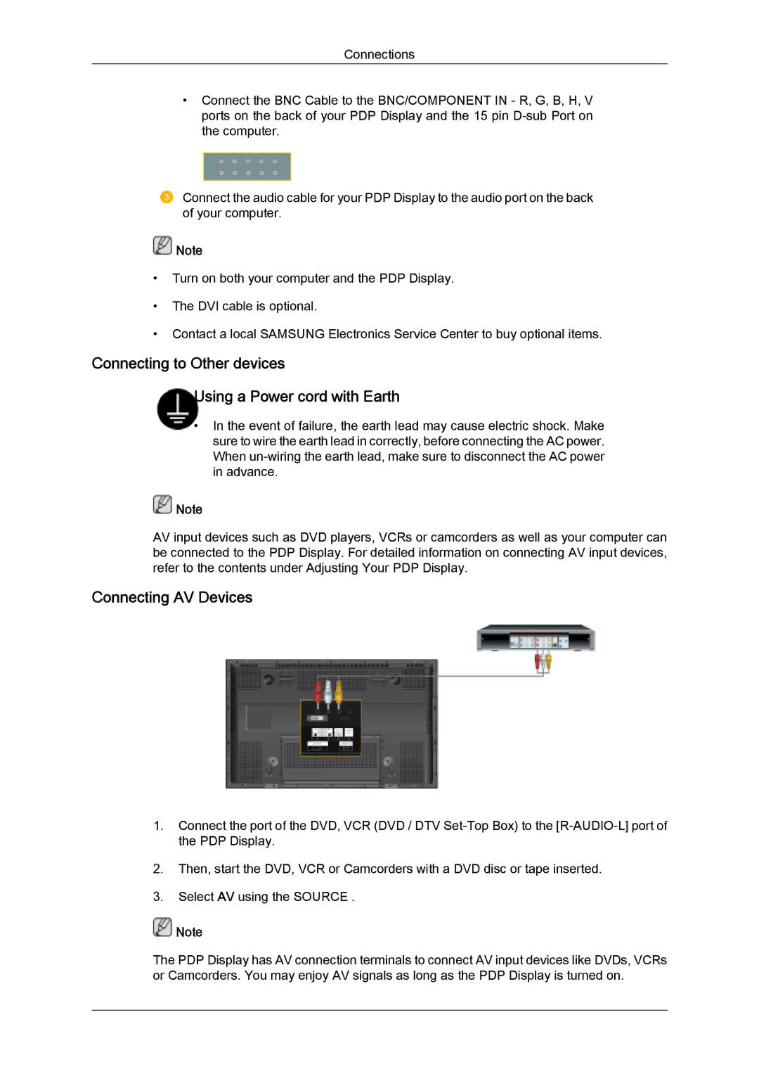 Samsung PH63KPFLBF/XY, PH63KPFLBF/EN manual Connecting to Other devices Using a Power cord with Earth, Connecting AV Devices 