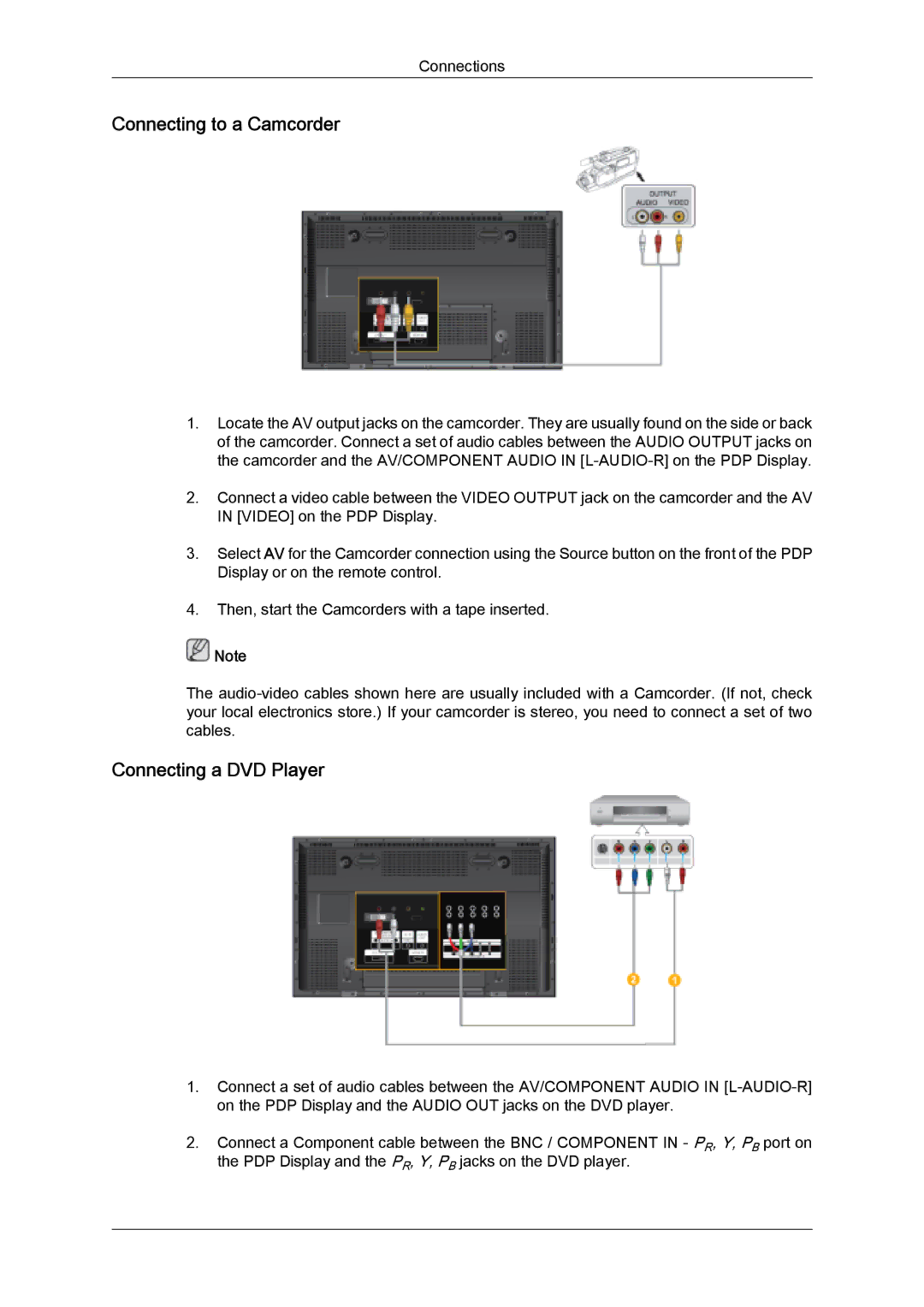 Samsung PH63KPFLBF/ZB, PH63KPFLBF/EN, PH50KLFLBC/EN, PH50KPFLBF/EN manual Connecting to a Camcorder, Connecting a DVD Player 