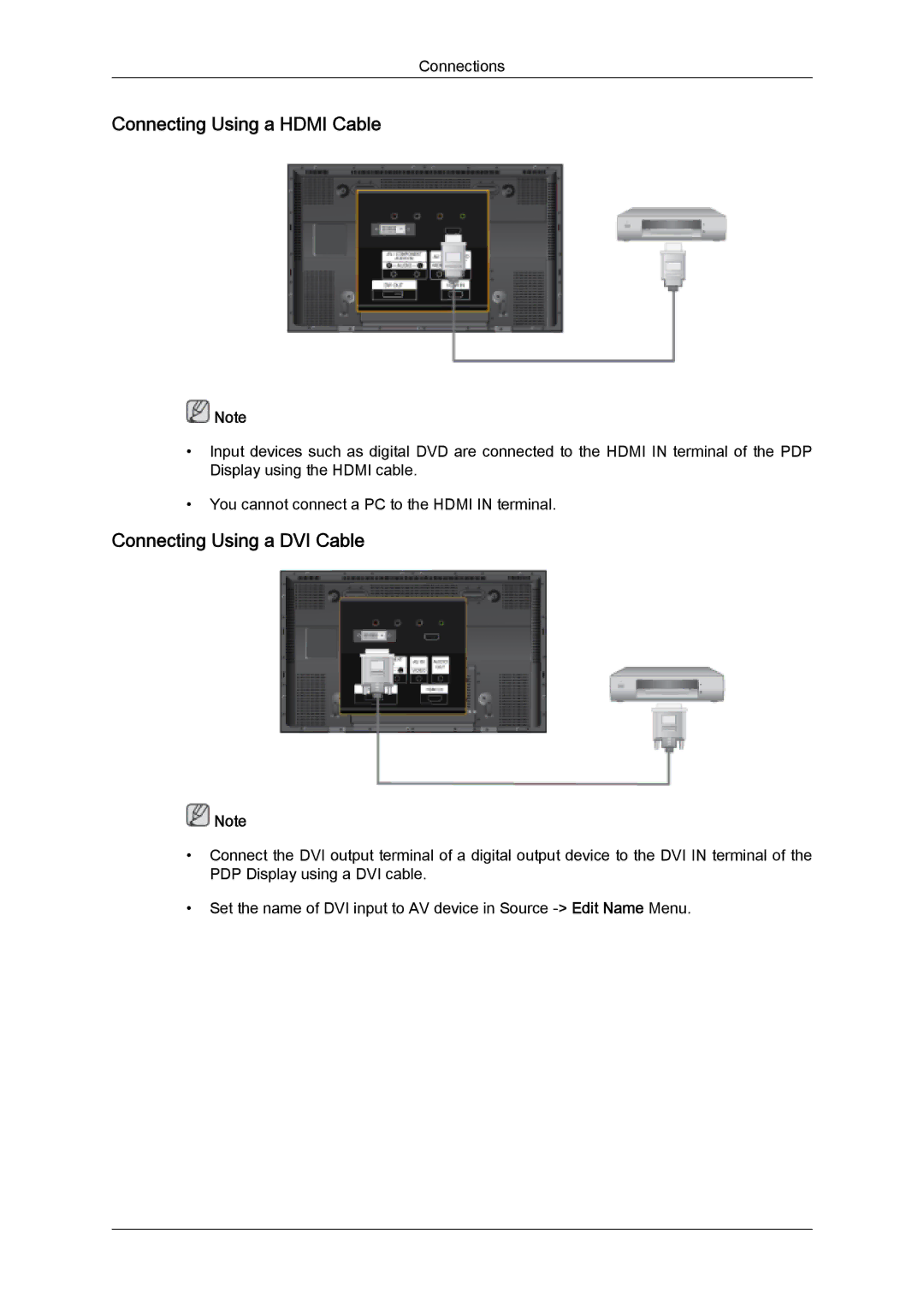 Samsung PH63KPFLBF/EN, PH50KLFLBC/EN, PH50KPFLBF/EN manual Connecting Using a Hdmi Cable, Connecting Using a DVI Cable 