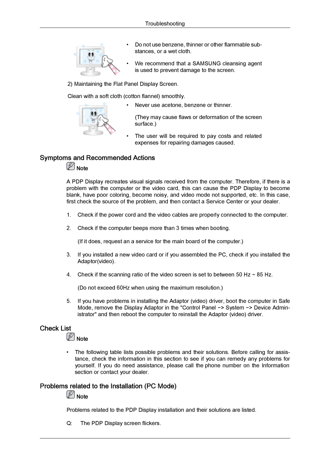 Samsung PH50KPPLBF/EN manual Symptoms and Recommended Actions, Check List, Problems related to the Installation PC Mode 