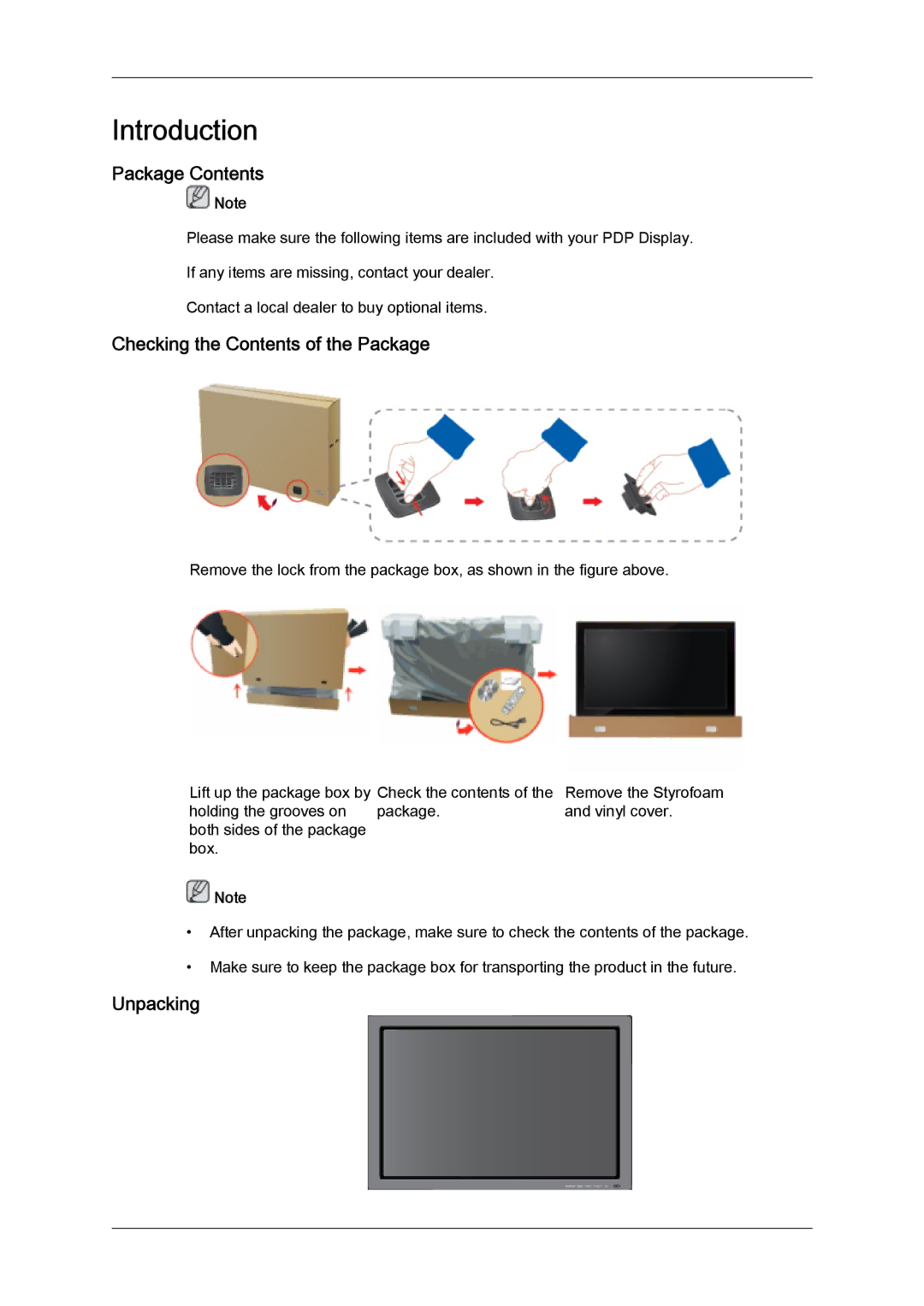 Samsung PH50KPFLBF/EN, PH63KPFLBF/EN, PH50KLFLBC/EN manual Package Contents, Checking the Contents of the Package, Unpacking 