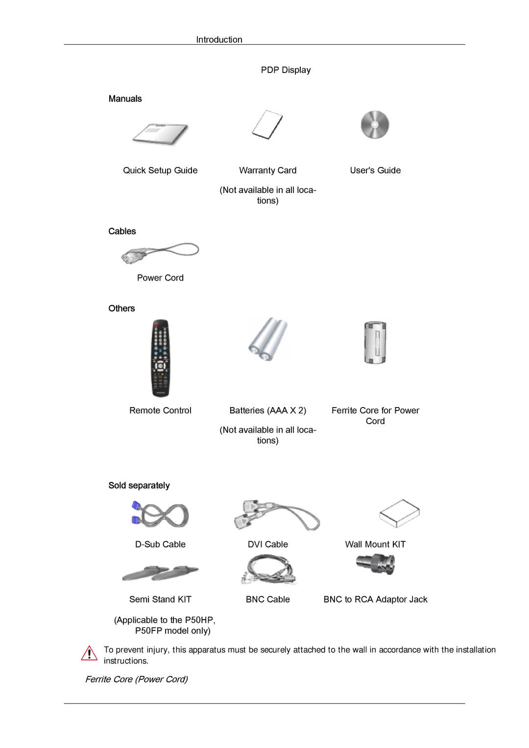 Samsung PH50KPPLBF/EN, PH63KPFLBF/EN, PH50KLFLBC/EN manual Manuals, Cables, Others, Sold separately, Ferrite Core Power Cord 