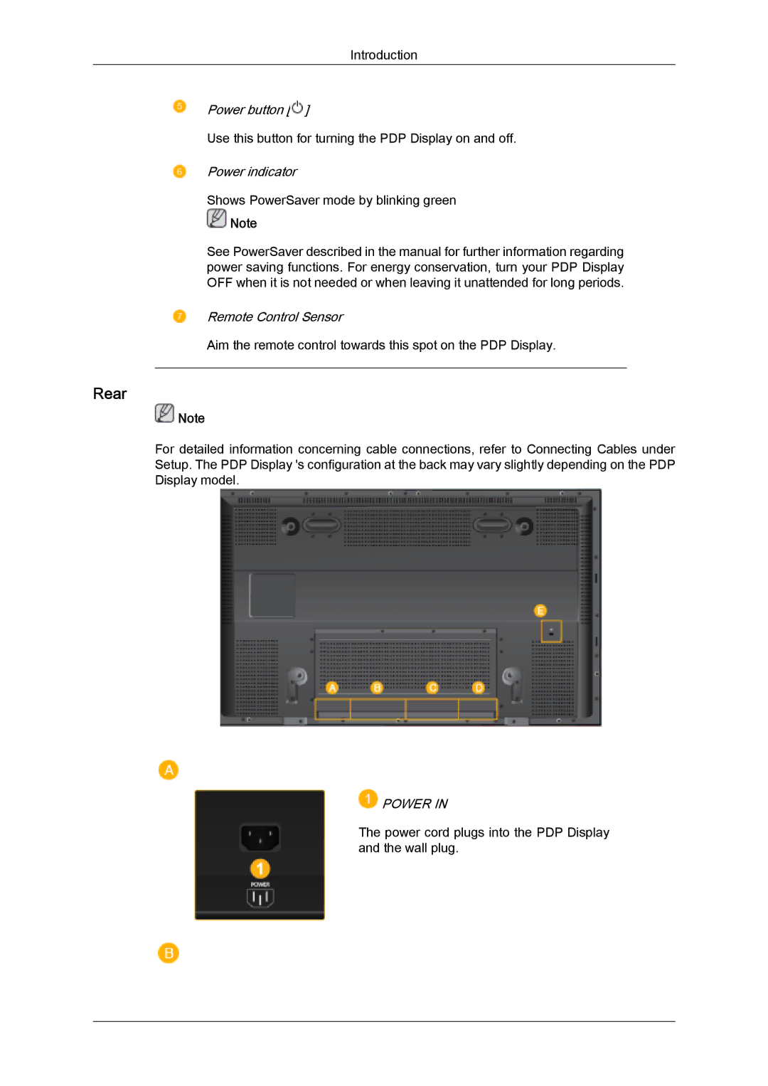 Samsung PH63KLFLBC/ZA, PH63KPFLBF/EN, PH50KLFLBC/EN manual Rear, Power button, Power indicator, Remote Control Sensor 