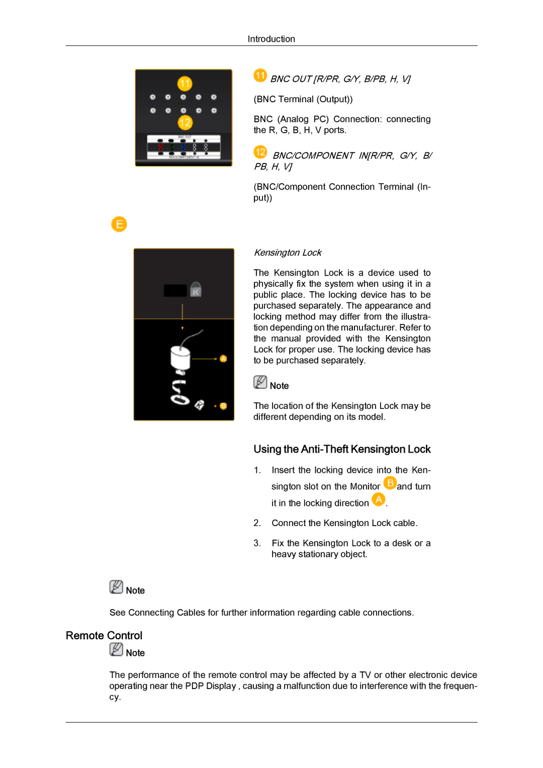 Samsung PH50KPPLBF/XY, PH63KPFLBF/EN Using the Anti-Theft Kensington Lock, Remote Control, Bnc/Component Inr/Pr, G/Y, B 