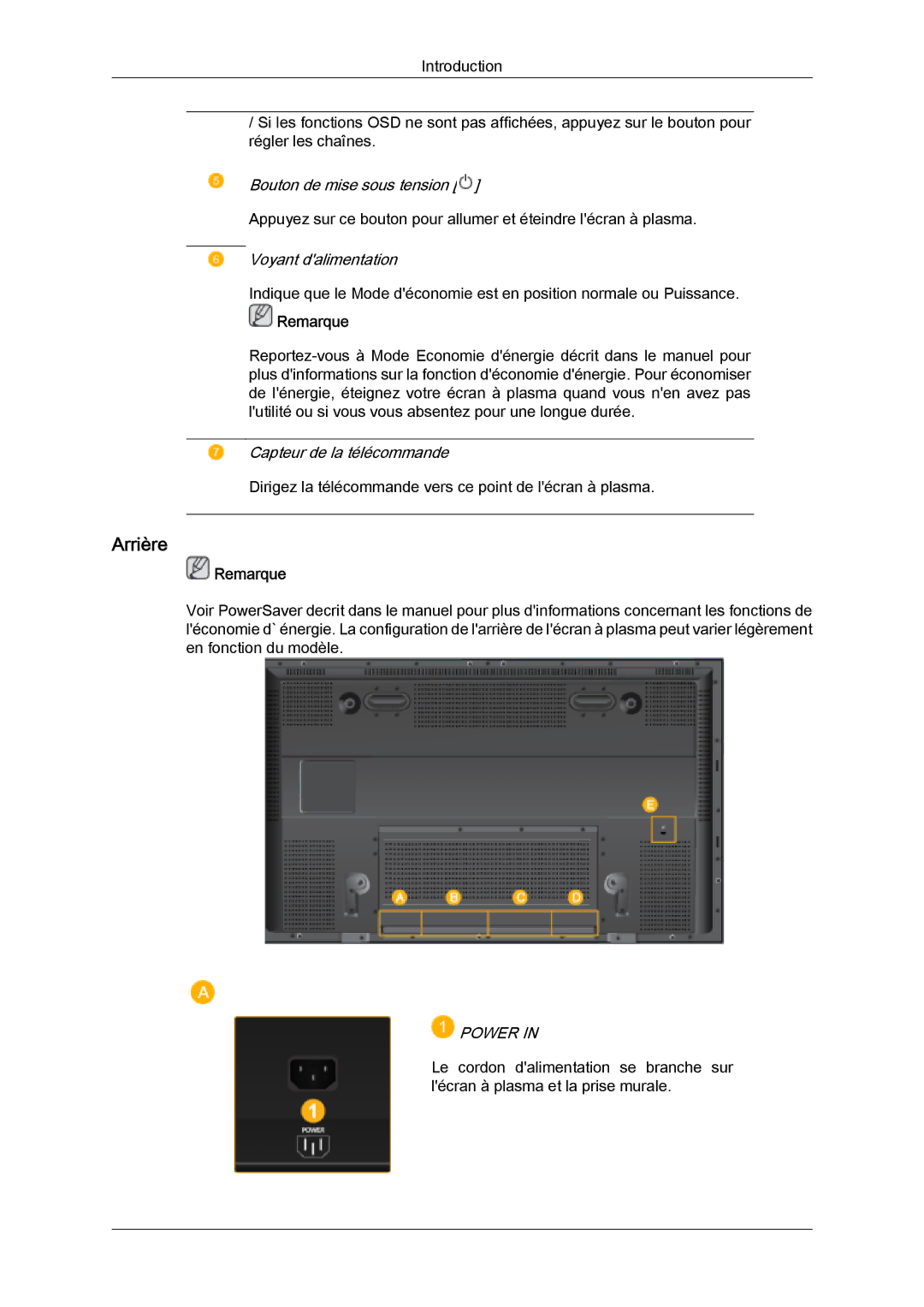 Samsung PH63KPFLBF/EN, PH50KLFLBC/EN, PH50KPFLBF/EN, PH50KPPLBF/EN, PH63KLFLBC/EN manual Arrière, Power 