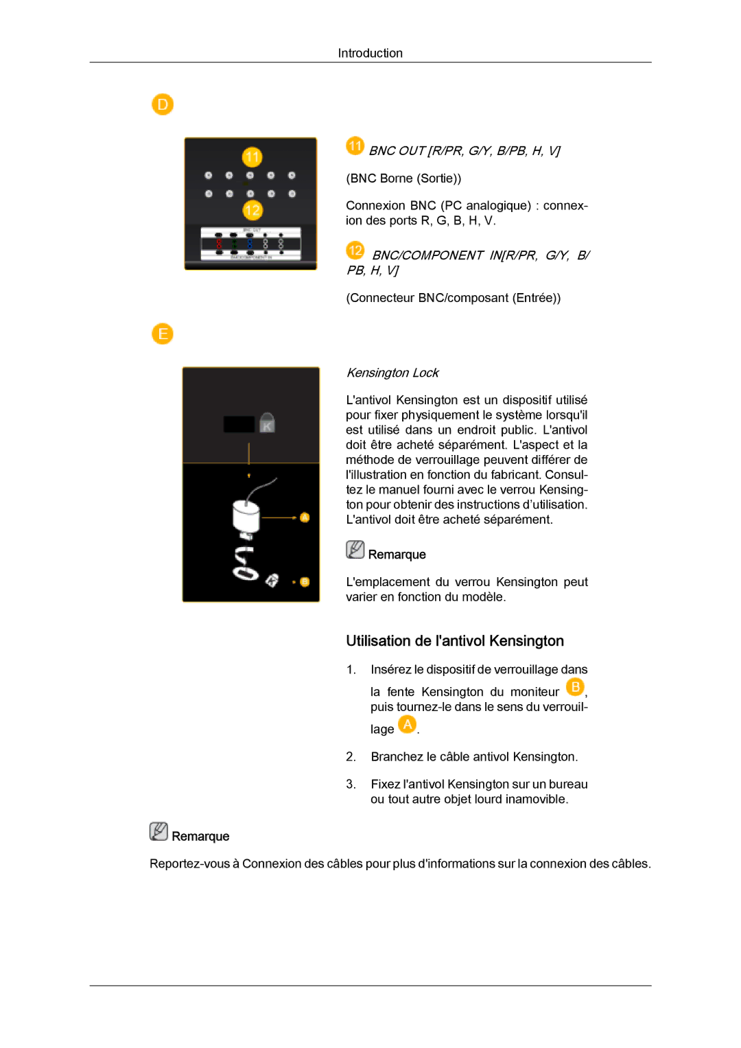 Samsung PH50KPFLBF/EN, PH63KPFLBF/EN, PH50KLFLBC/EN manual Utilisation de lantivol Kensington, Bnc/Component Inr/Pr, G/Y, B 