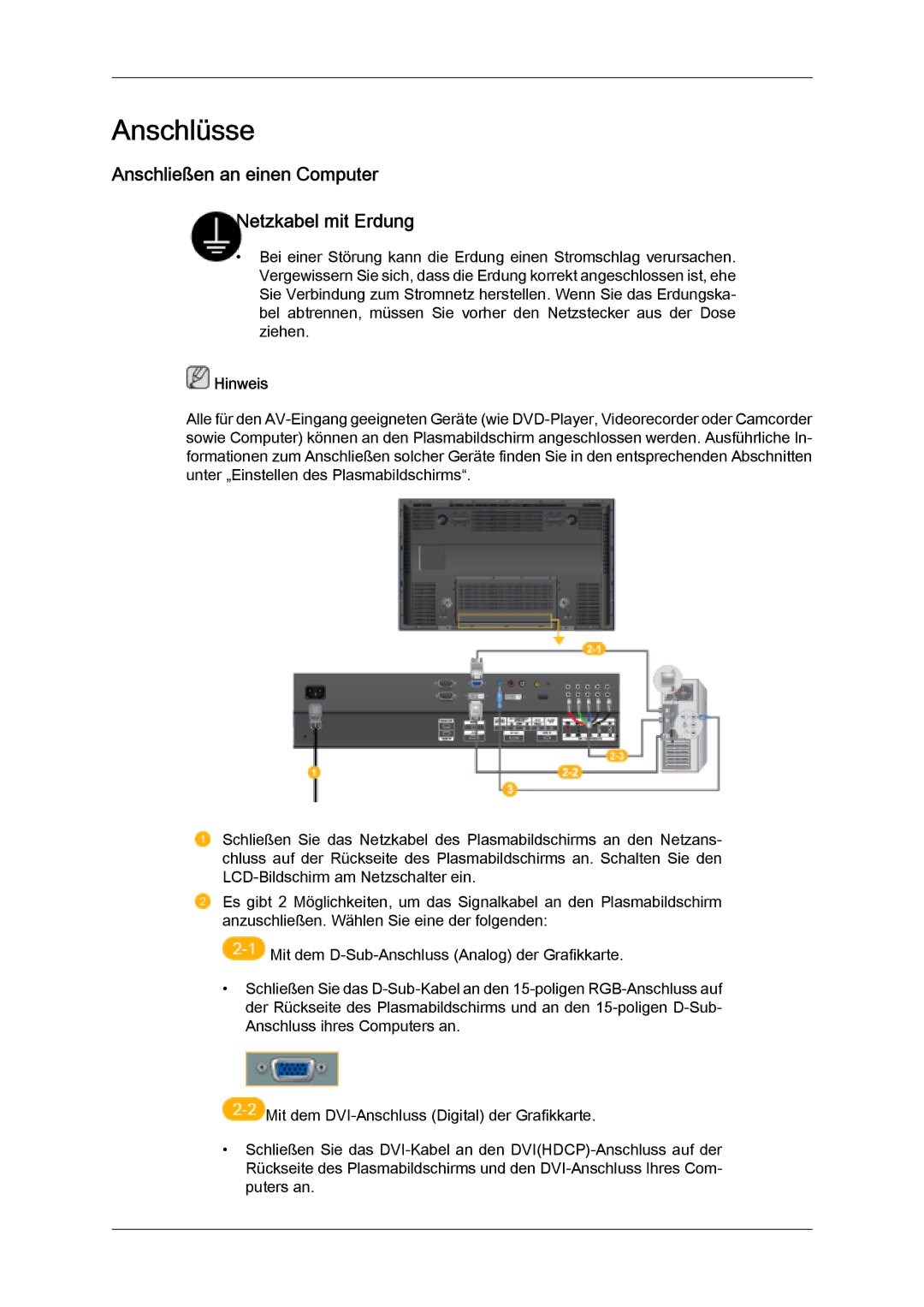 Samsung PH50KPFLBF/EN, PH63KPFLBF/EN, PH50KLFLBC/EN manual Anschlüsse, Anschließen an einen Computer Netzkabel mit Erdung 