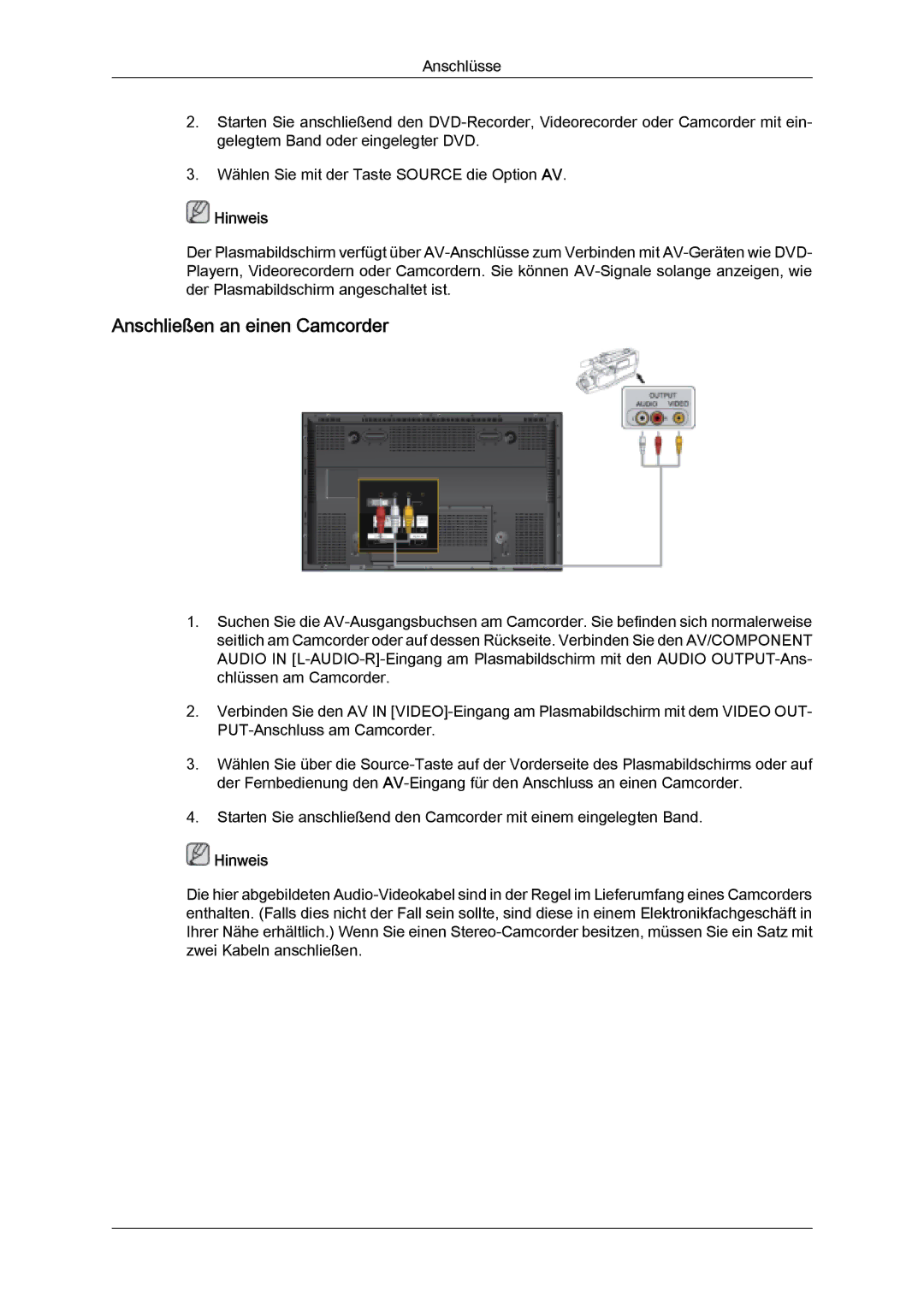 Samsung PH63KLFLBC/EN, PH63KPFLBF/EN, PH50KLFLBC/EN, PH50KPFLBF/EN, PH50KPPLBF/EN manual Anschließen an einen Camcorder 