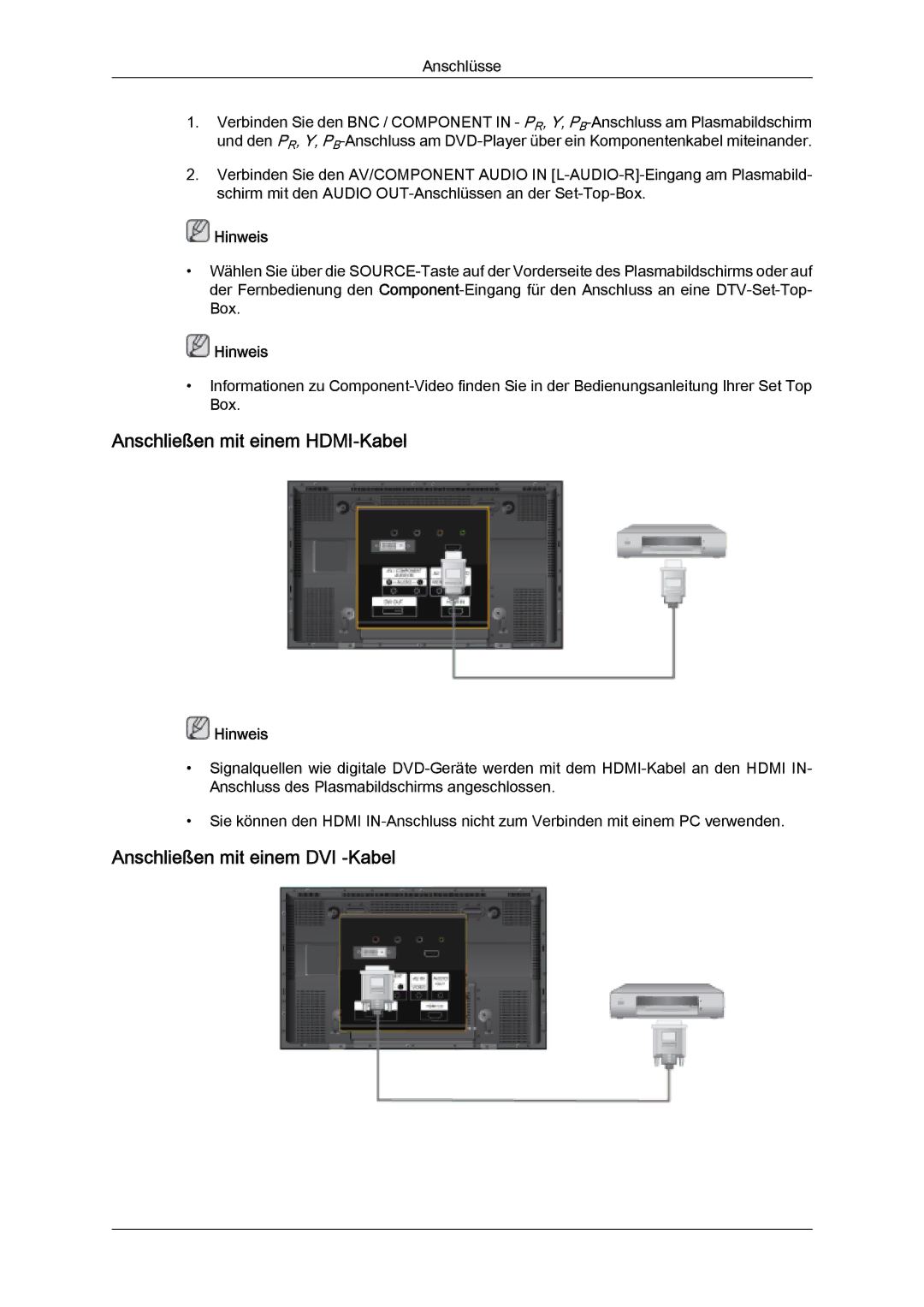 Samsung PH50KLFLBC/EN, PH63KPFLBF/EN, PH50KPFLBF/EN manual Anschließen mit einem HDMI-Kabel, Anschließen mit einem DVI -Kabel 