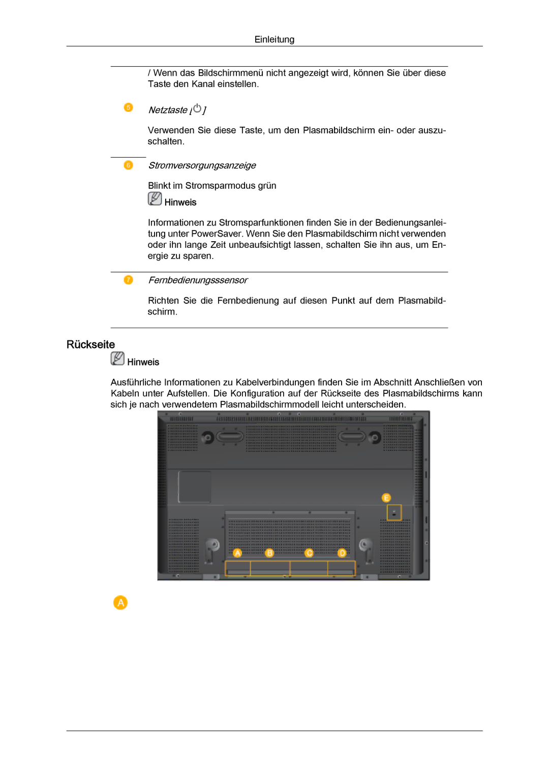 Samsung PH63KPFLBF/EN, PH50KLFLBC/EN, PH50KPFLBF/EN, PH50KPPLBF/EN, PH63KLFLBC/EN manual Rückseite, Hinweis 