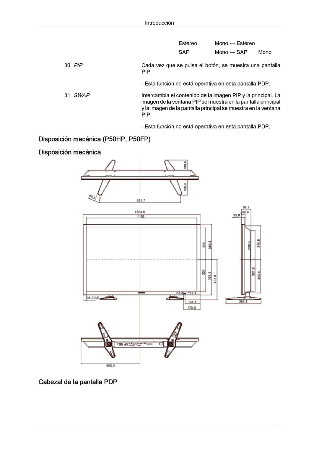 Samsung PH63KLFLBC/ZA, PH63KPFLBF/EN, PH50KLFLBC/EN manual Disposición mecánica P50HP, P50FP Cabezal de la pantalla PDP, Pip 