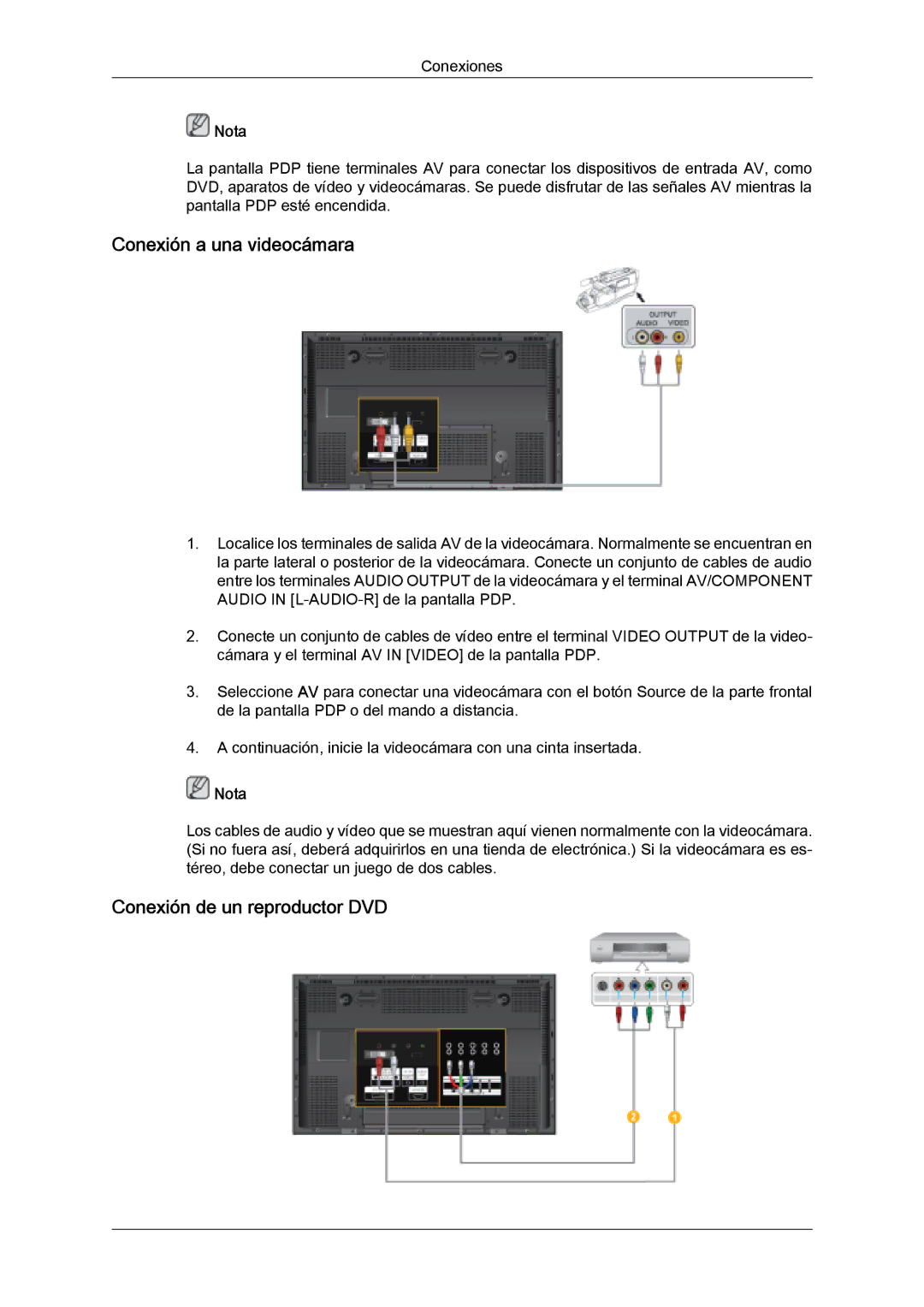 Samsung PH50KPFLBF/EN, PH63KPFLBF/EN, PH50KLFLBC/EN manual Conexión a una videocámara, Conexión de un reproductor DVD 