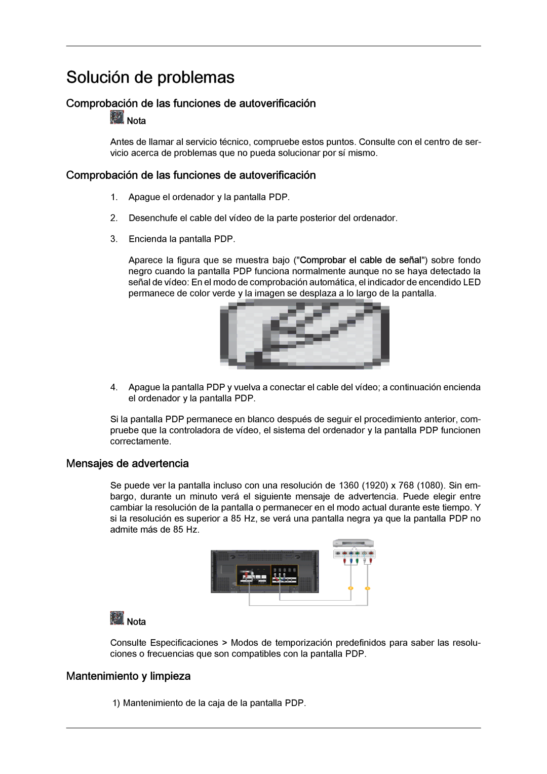 Samsung PH63KPFLBF/EN Comprobación de las funciones de autoverificación, Mensajes de advertencia, Mantenimiento y limpieza 