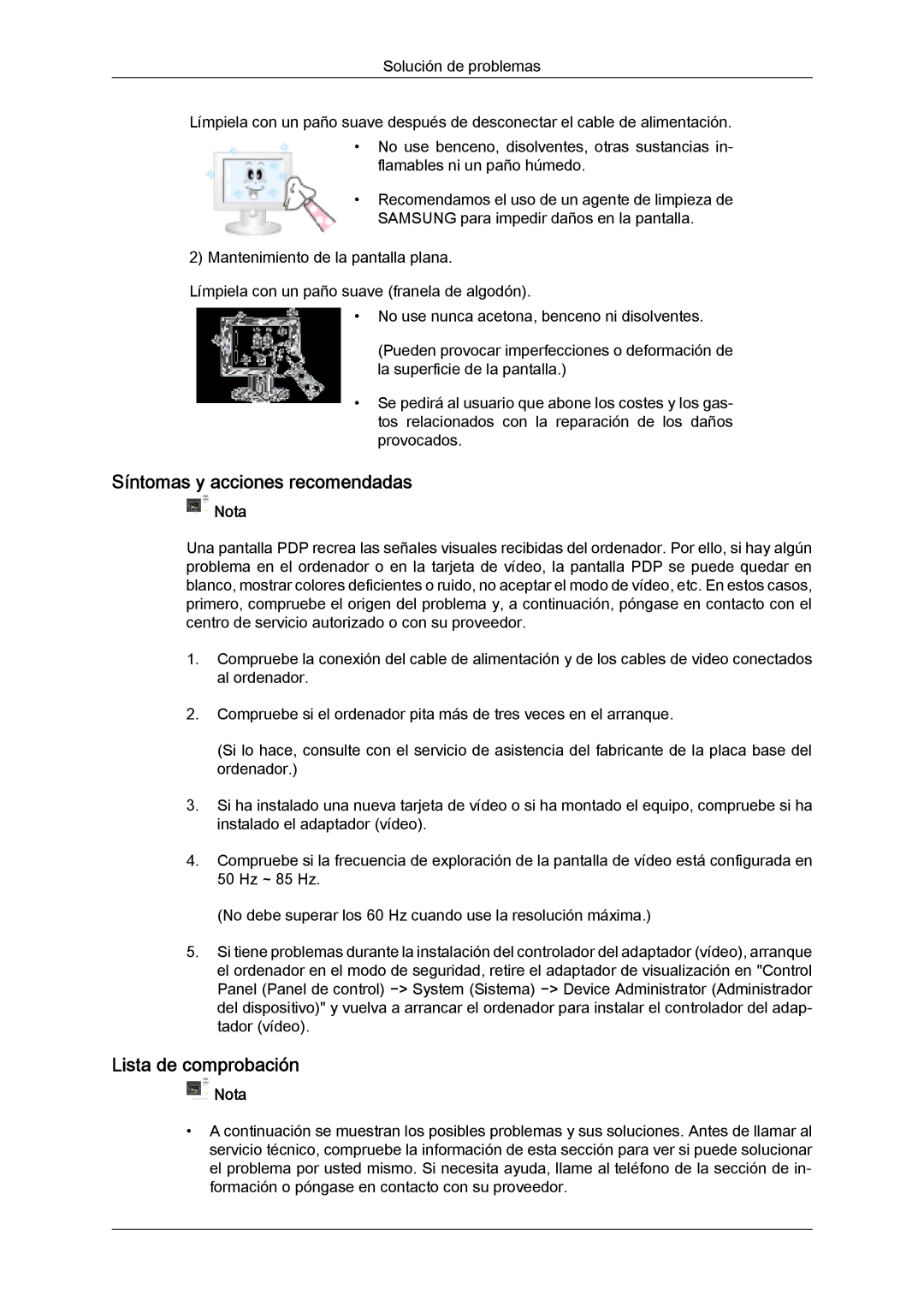 Samsung PH50KLFLBC/EN, PH63KPFLBF/EN, PH50KPFLBF/EN, PH50KPPLBF/EN Síntomas y acciones recomendadas, Lista de comprobación 