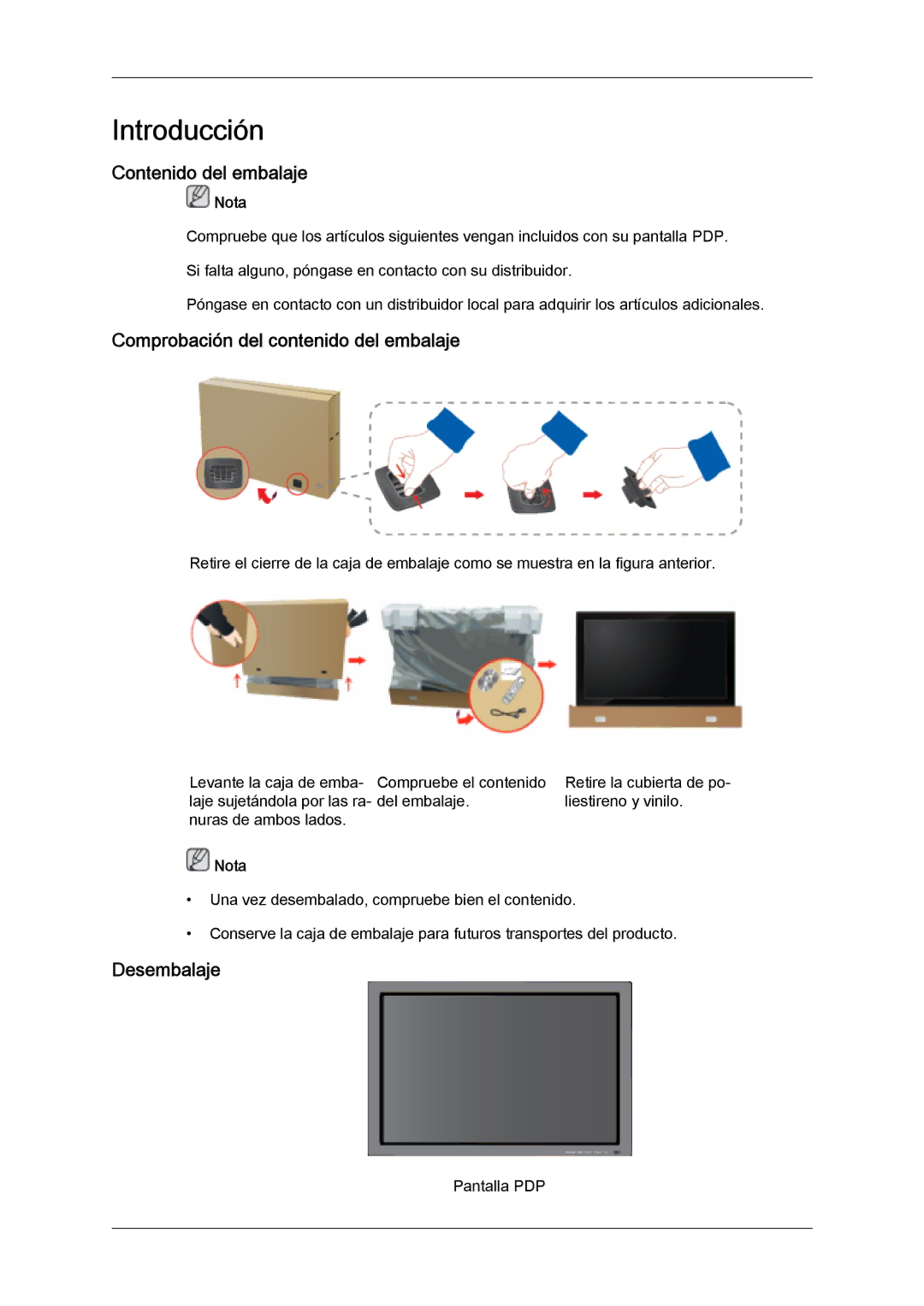 Samsung PH50KPFLBF/EN, PH63KPFLBF/EN Contenido del embalaje, Comprobación del contenido del embalaje, Desembalaje, Nota 