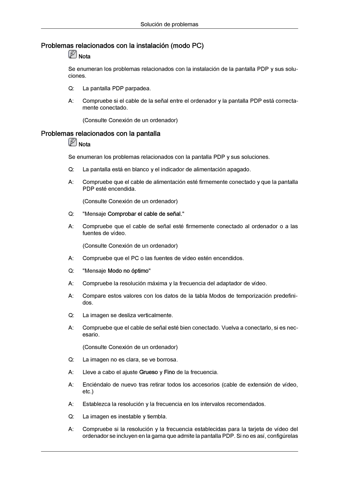 Samsung PH50KPFLBF/EN manual Problemas relacionados con la instalación modo PC, Problemas relacionados con la pantalla 