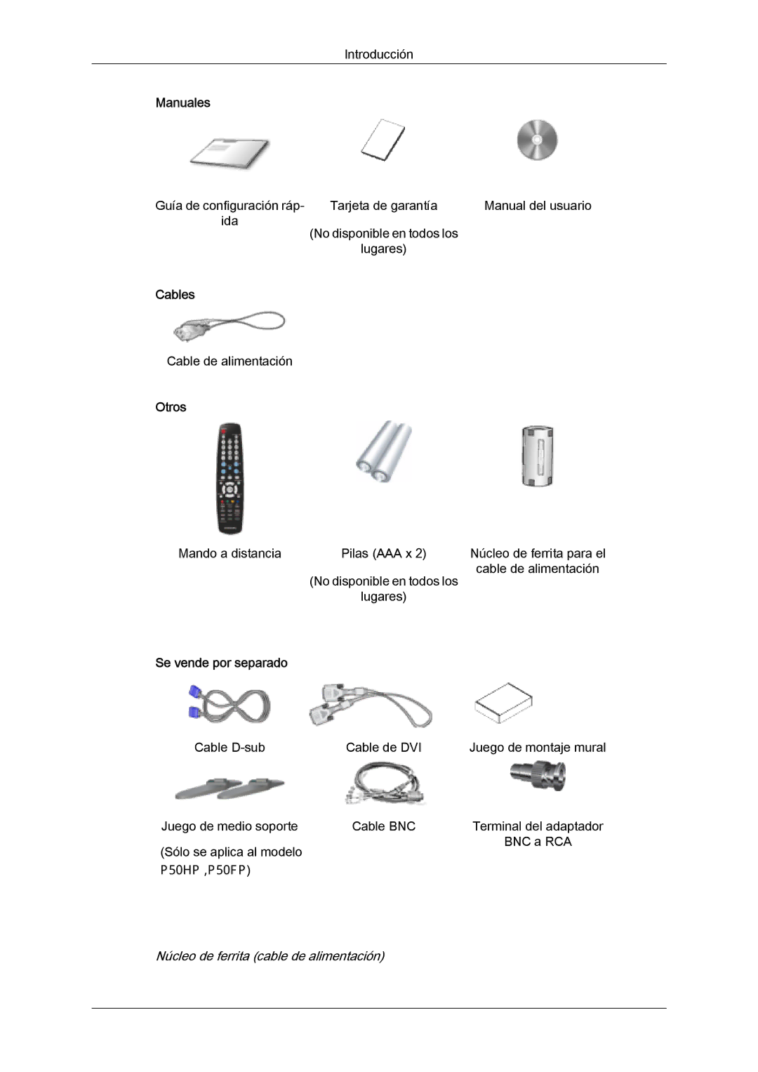 Samsung PH50KPPLBF/EN, PH63KPFLBF/EN, PH50KLFLBC/EN, PH50KPFLBF/EN manual Manuales, Cables, Otros, Se vende por separado 