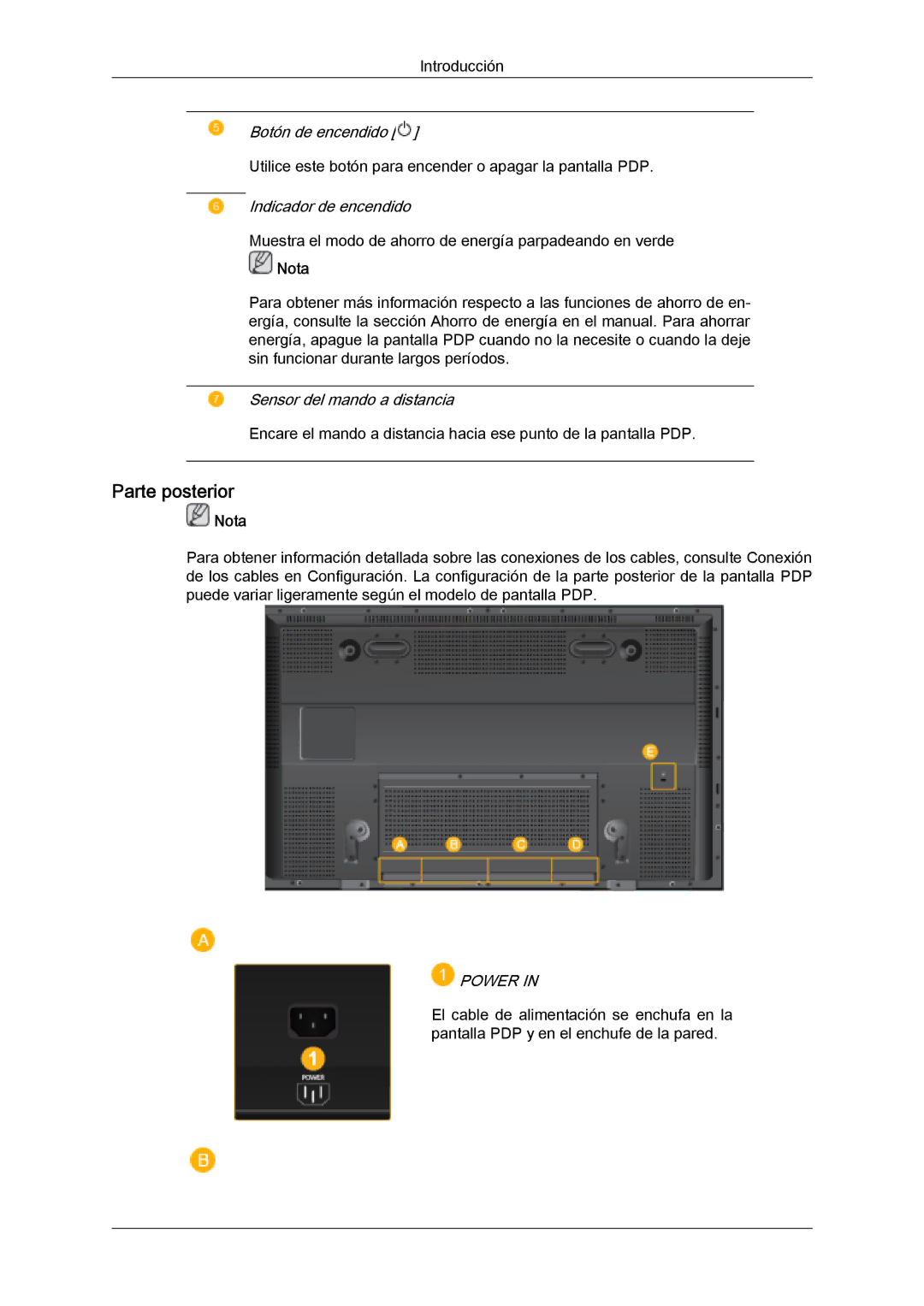 Samsung PH63KLFLBC/ZA, PH63KPFLBF/EN, PH50KLFLBC/EN, PH50KPFLBF/EN, PH50KPPLBF/EN, PH63KLFLBC/EN manual Parte posterior, Power 