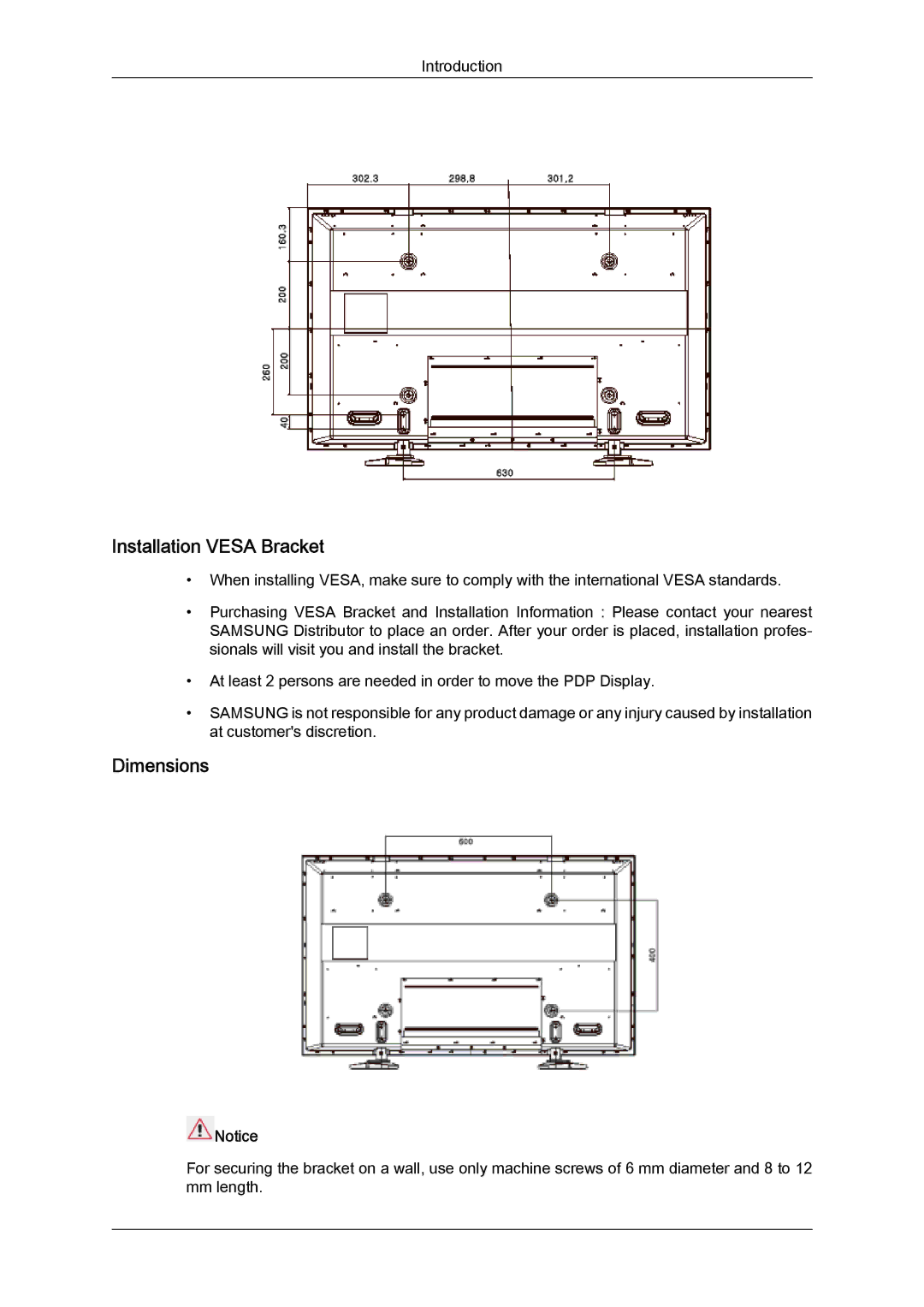 Samsung PH63KPFLBF/XY, PH63KPFLBF/EN, PH50KPFLBF/EN, PH50KPPLBF/EN, PH50KPFLBF/XY manual Installation Vesa Bracket, Dimensions 