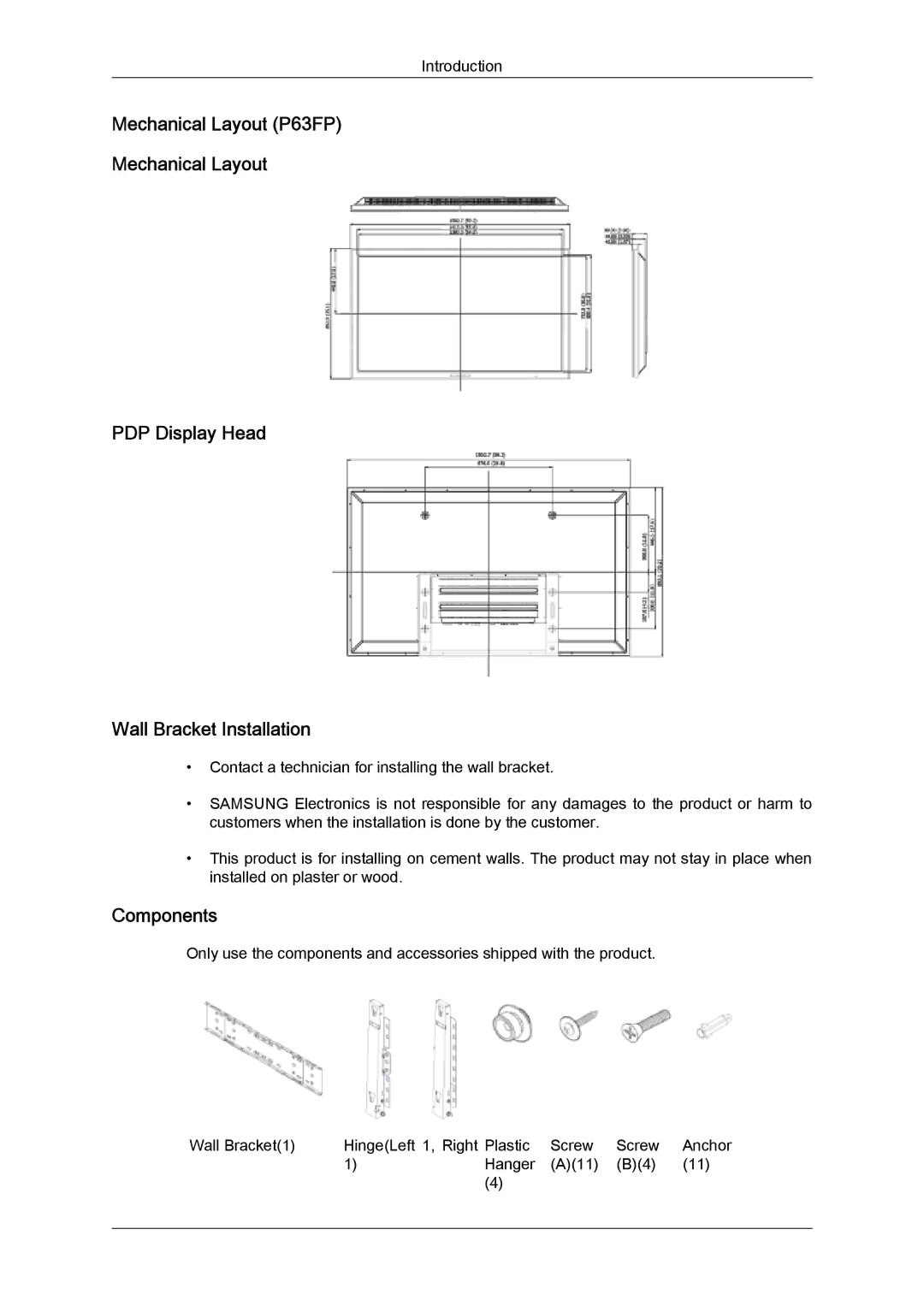 Samsung PH50KPFLBF/XY, PH63KPFLBF/EN, PH50KPFLBF/EN, PH50KPPLBF/EN, PH50KPPLBF/XY, PH63KPFLBF/XY, PH50KLPLBF/XY manual Components 