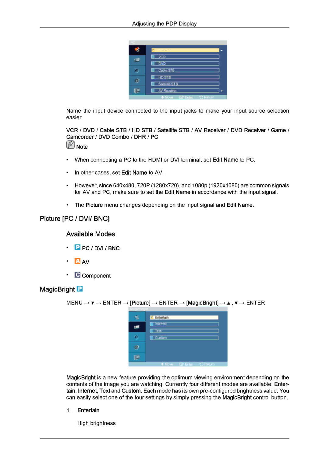 Samsung PH50KLPLBF/XY manual Picture PC / DVI/ BNC Available Modes, MagicBright, PC / DVI / BNC Component, Entertain 