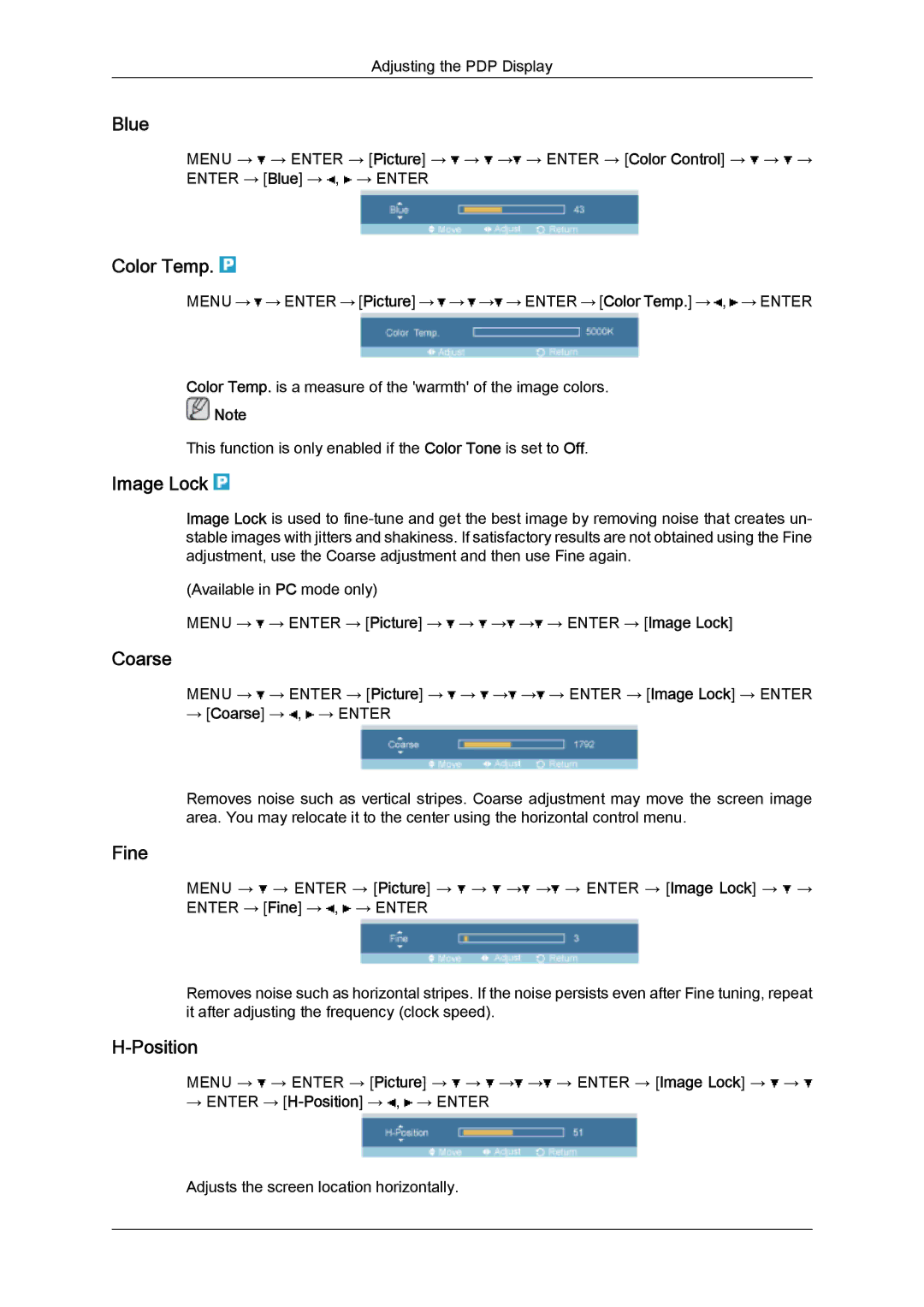 Samsung PH50KPPLBF/EN, PH63KPFLBF/EN, PH50KPFLBF/EN, PH50KPFLBF/XY manual Blue, Color Temp, Image Lock, Coarse, Fine, Position 