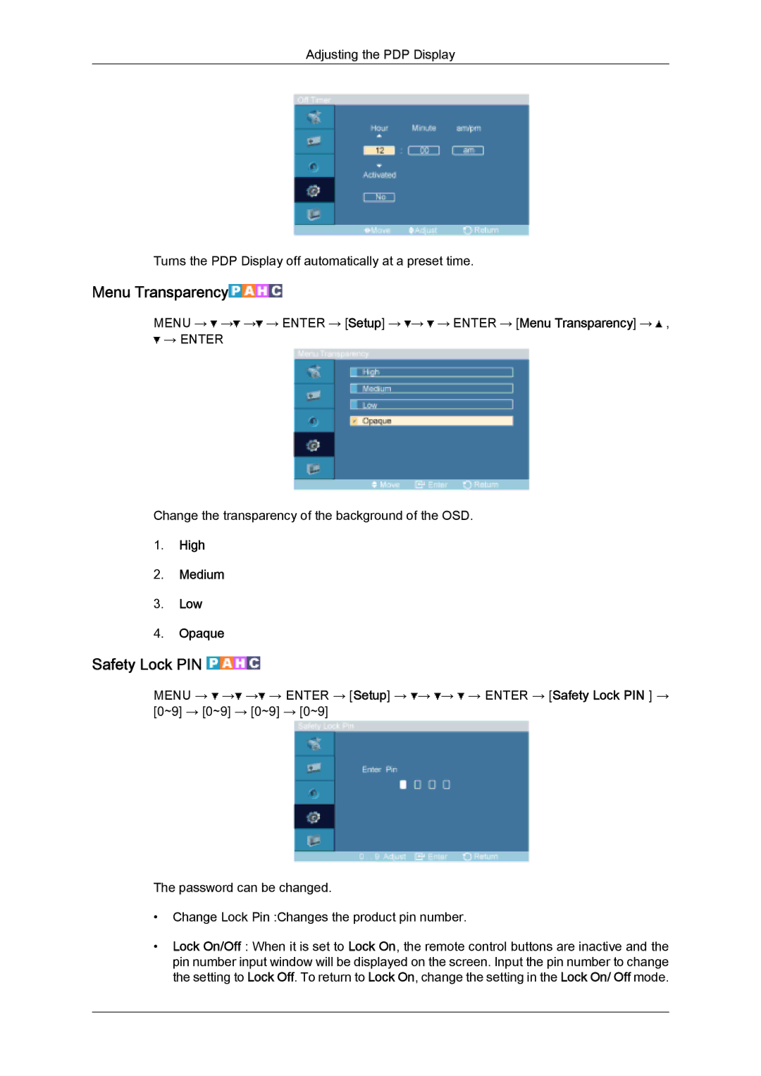 Samsung PH50KLPLBF/XY, PH63KPFLBF/EN, PH50KPFLBF/EN manual Menu Transparency, Safety Lock PIN, High Medium Low Opaque 