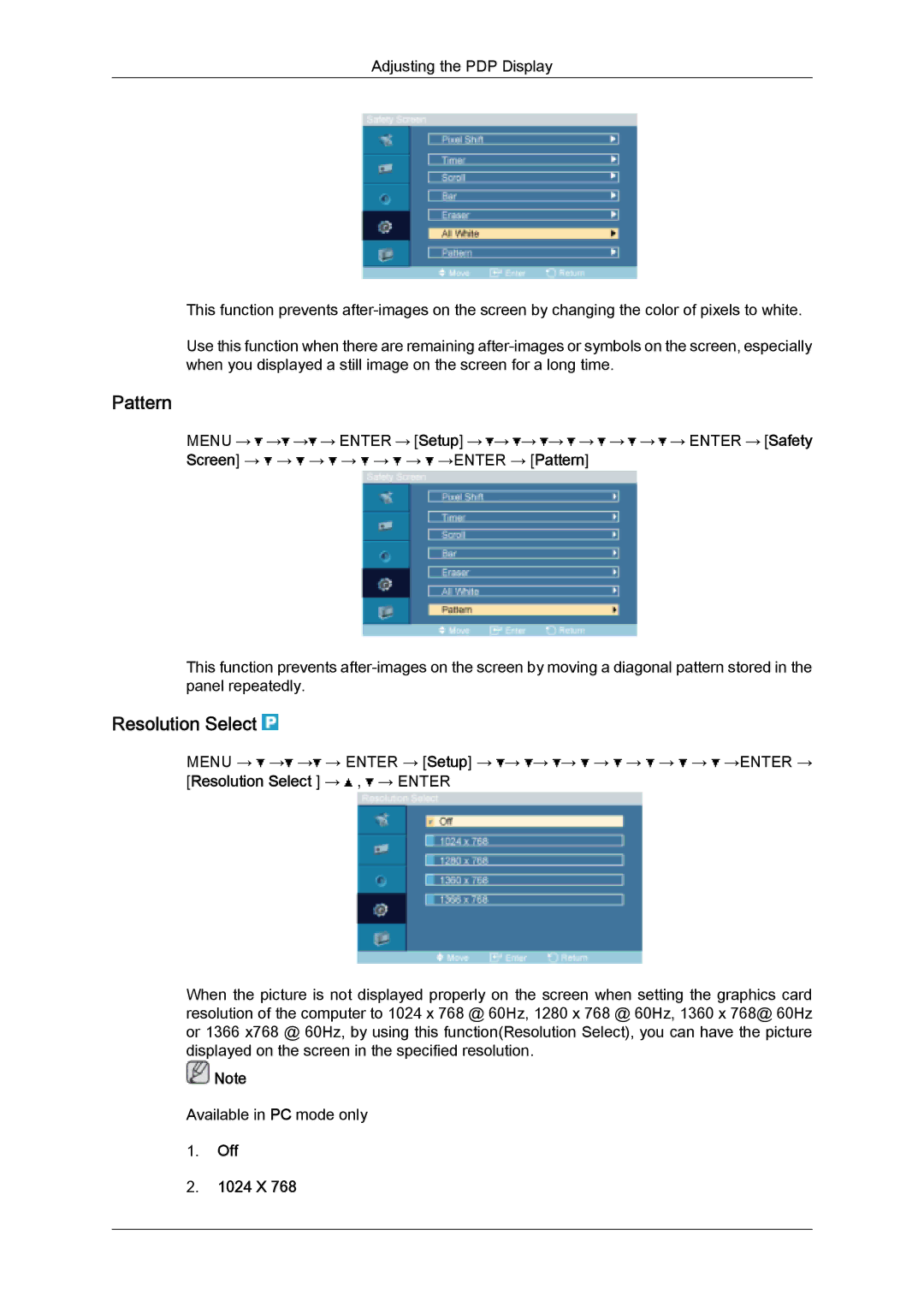 Samsung PH63KPFLBF/EN, PH50KPFLBF/EN, PH50KPPLBF/EN, PH50KPFLBF/XY, PH50KPPLBF/XY manual Pattern, Resolution Select, Off 1024 X 