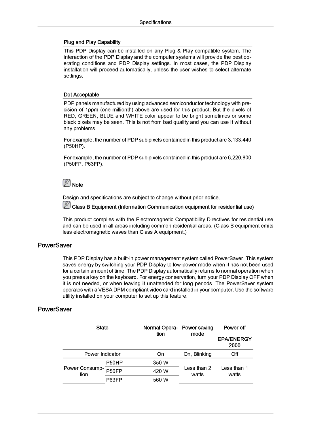 Samsung PH63KPFLBF/XY, PH63KPFLBF/EN, PH50KPFLBF/EN, PH50KPPLBF/EN manual PowerSaver, Plug and Play Capability, Dot Acceptable 