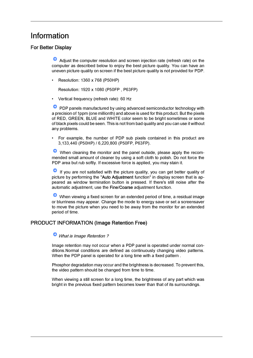 Samsung PH50KPFLBF/EN, PH63KPFLBF/EN, PH50KPPLBF/EN manual For Better Display, Product Information Image Retention Free 