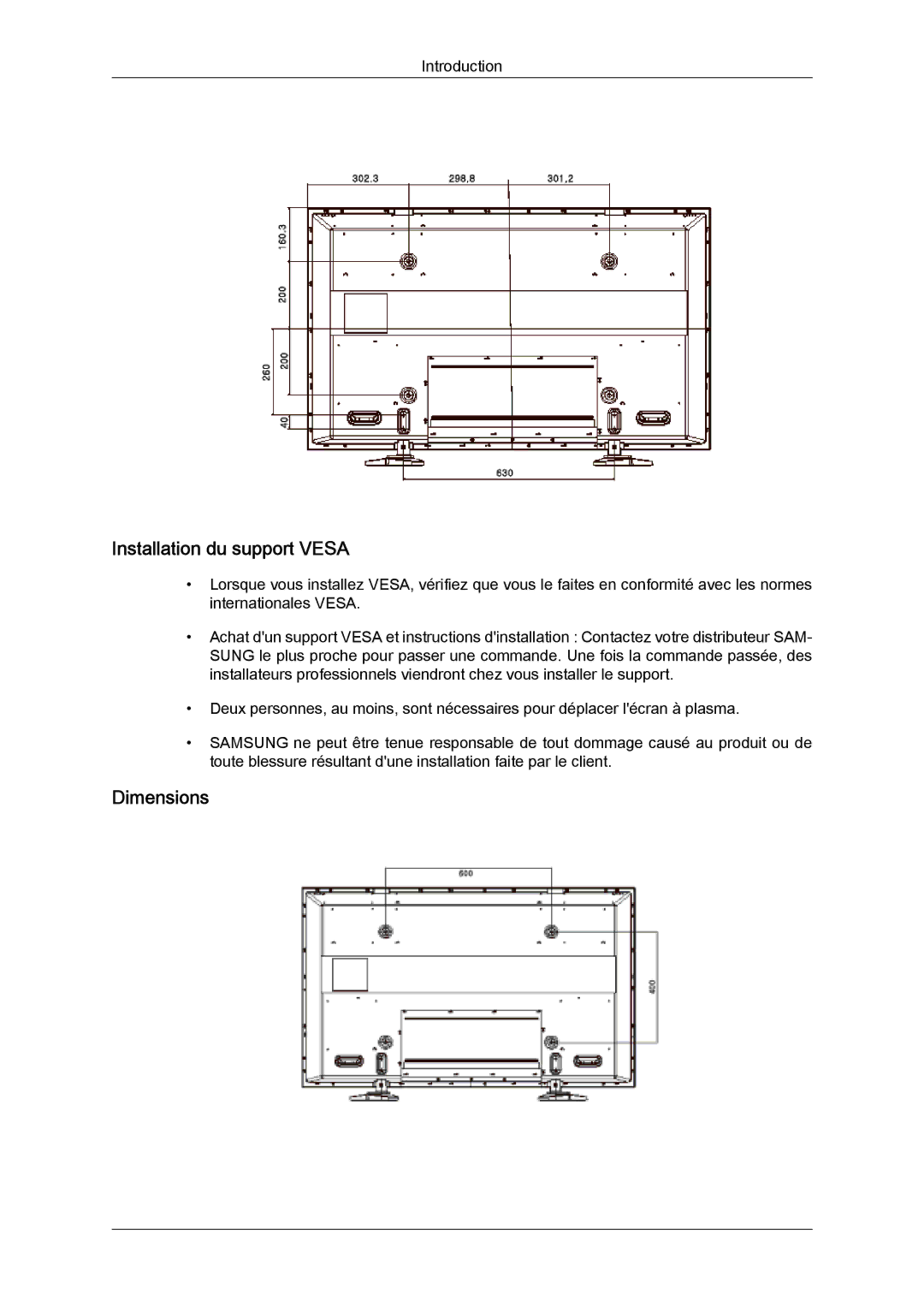 Samsung PH50KPPLBF/EN, PH63KPFLBF/EN, PH50KPFLBF/EN manual Installation du support Vesa, Dimensions 