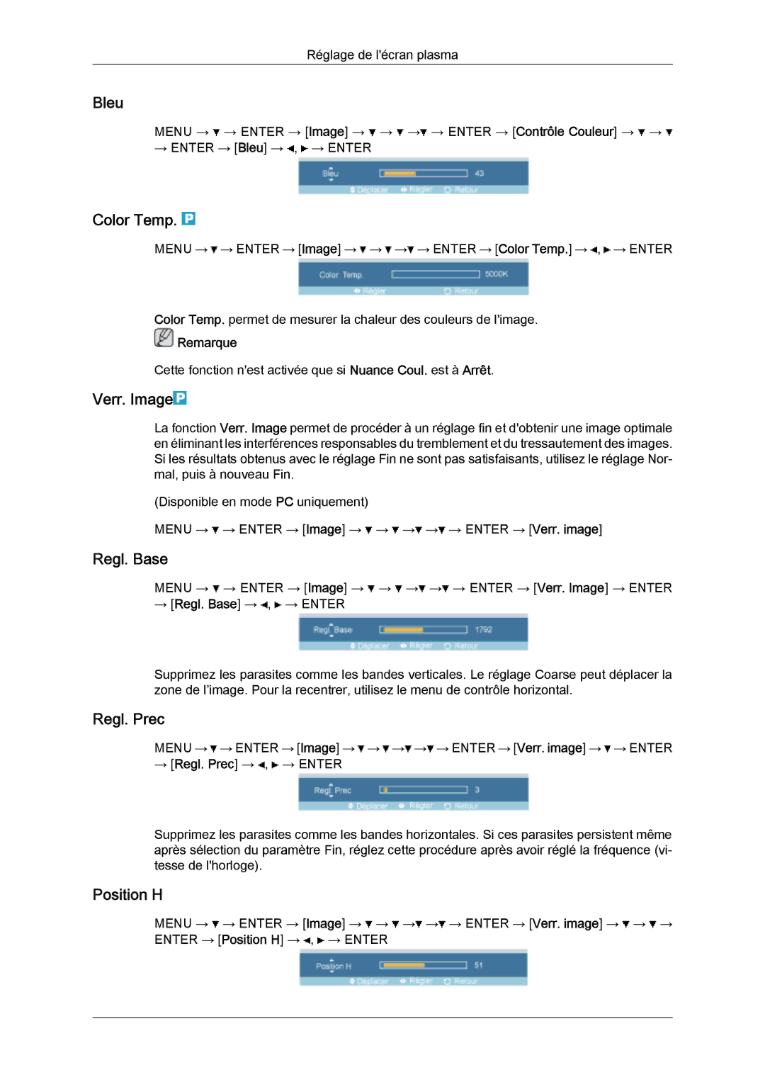 Samsung PH50KPPLBF/EN, PH63KPFLBF/EN, PH50KPFLBF/EN manual Bleu, Color Temp, Verr. Image, Regl. Base, Regl. Prec, Position H 