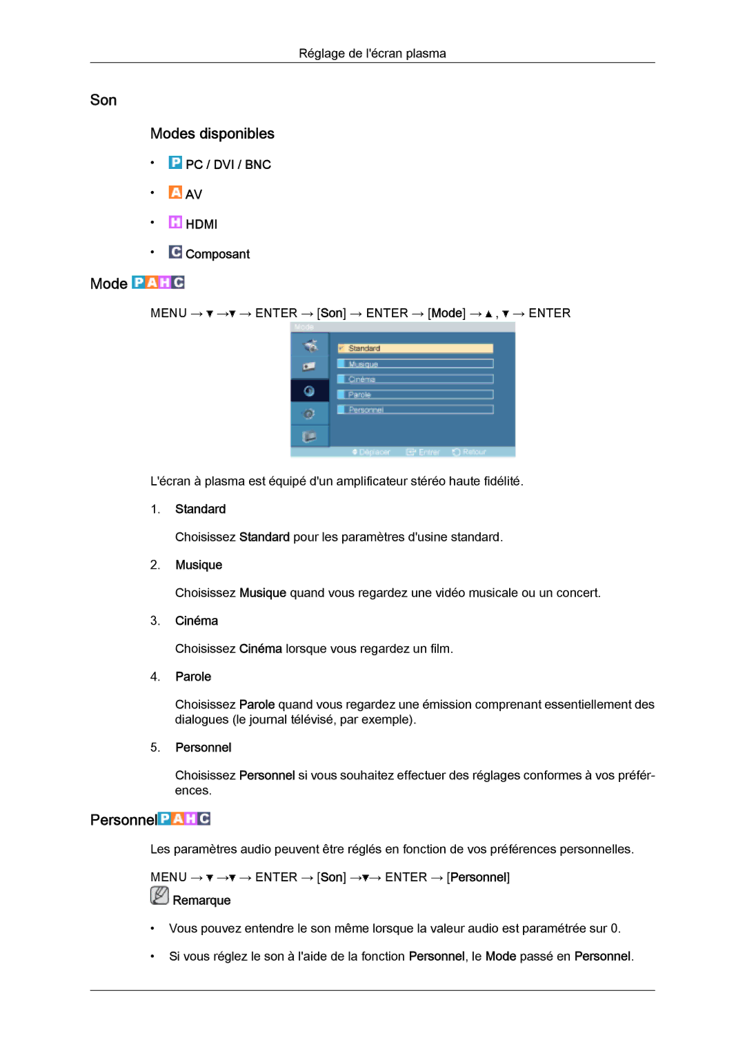 Samsung PH63KPFLBF/EN, PH50KPFLBF/EN, PH50KPPLBF/EN manual Son Modes disponibles, Standard, Musique, Cinéma, Parole 