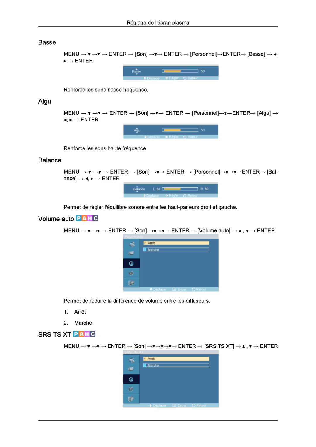 Samsung PH50KPFLBF/EN, PH63KPFLBF/EN, PH50KPPLBF/EN manual Basse, Aigu, Balance, Volume auto 