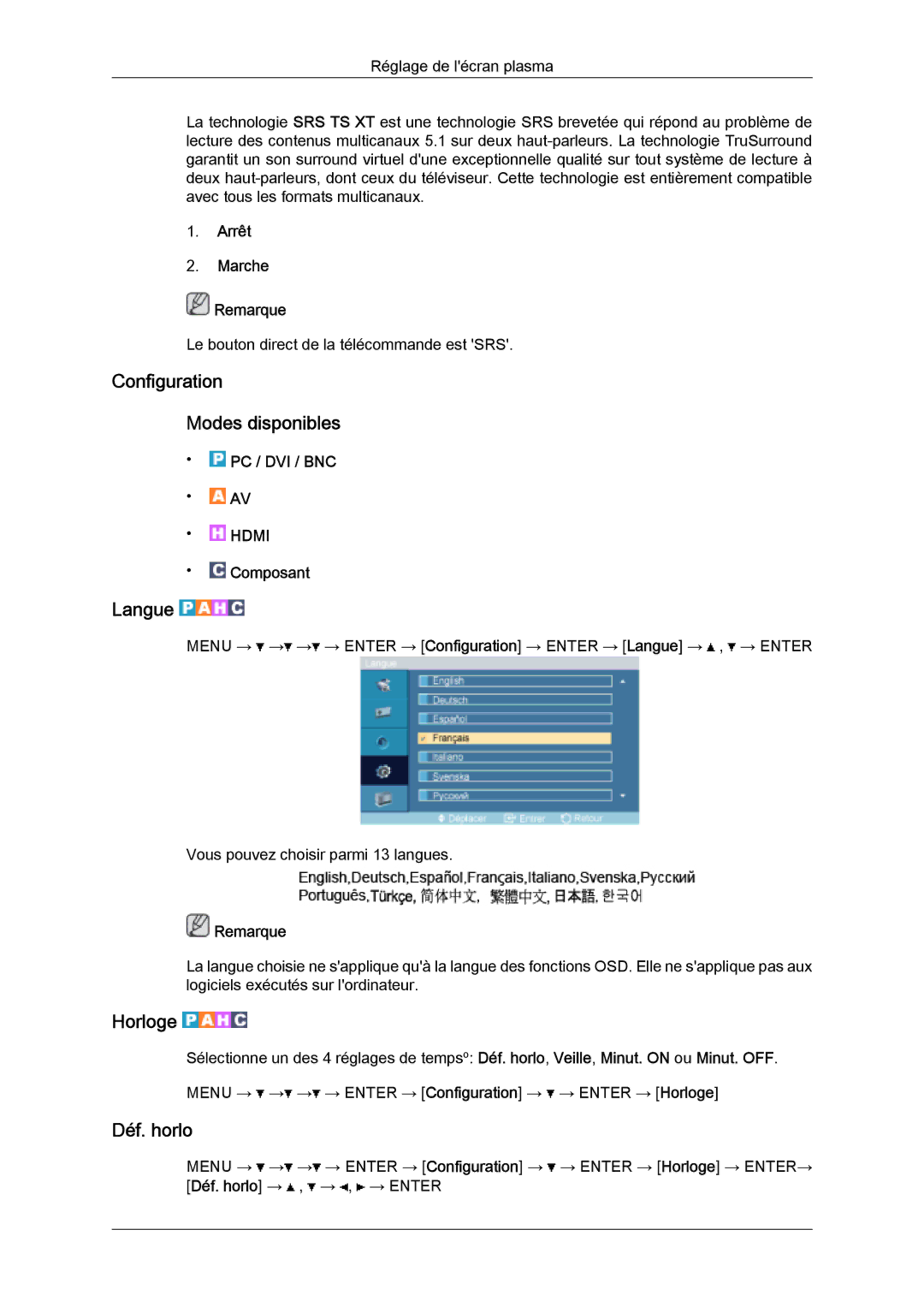 Samsung PH50KPPLBF/EN, PH63KPFLBF/EN Configuration Modes disponibles, Langue, Horloge, Déf. horlo, Arrêt Marche Remarque 