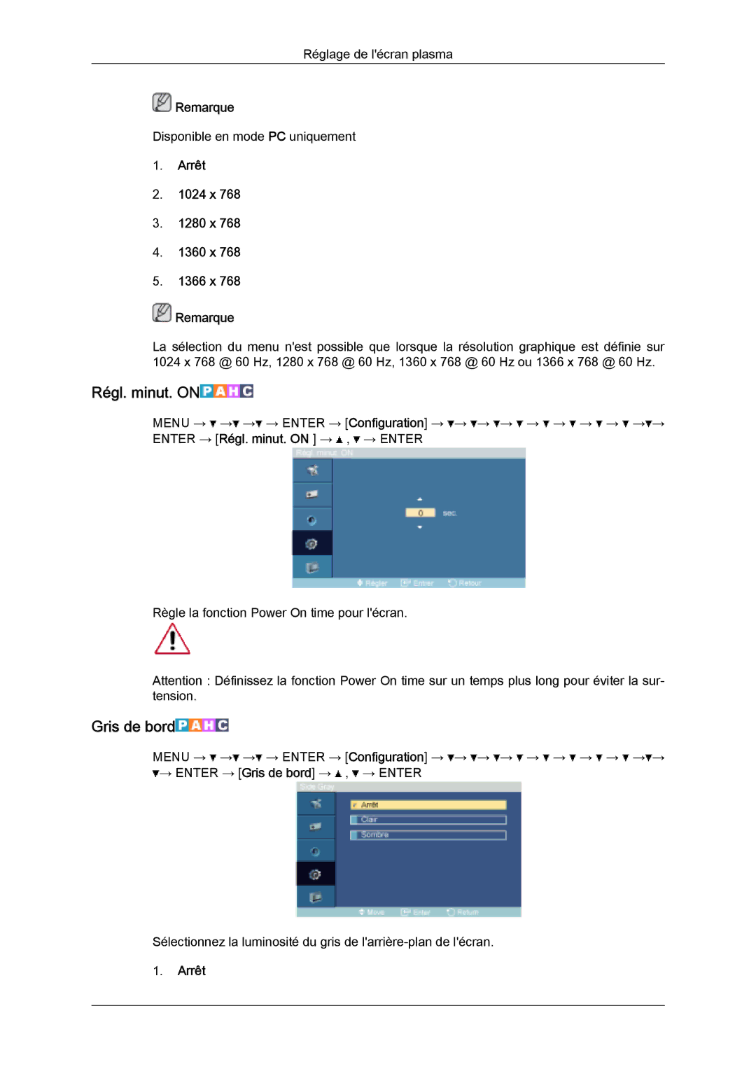 Samsung PH50KPFLBF/EN, PH63KPFLBF/EN manual Régl. minut. on, Gris de bord, Arrêt 1024 x 1280 x 1360 x 1366 x Remarque 