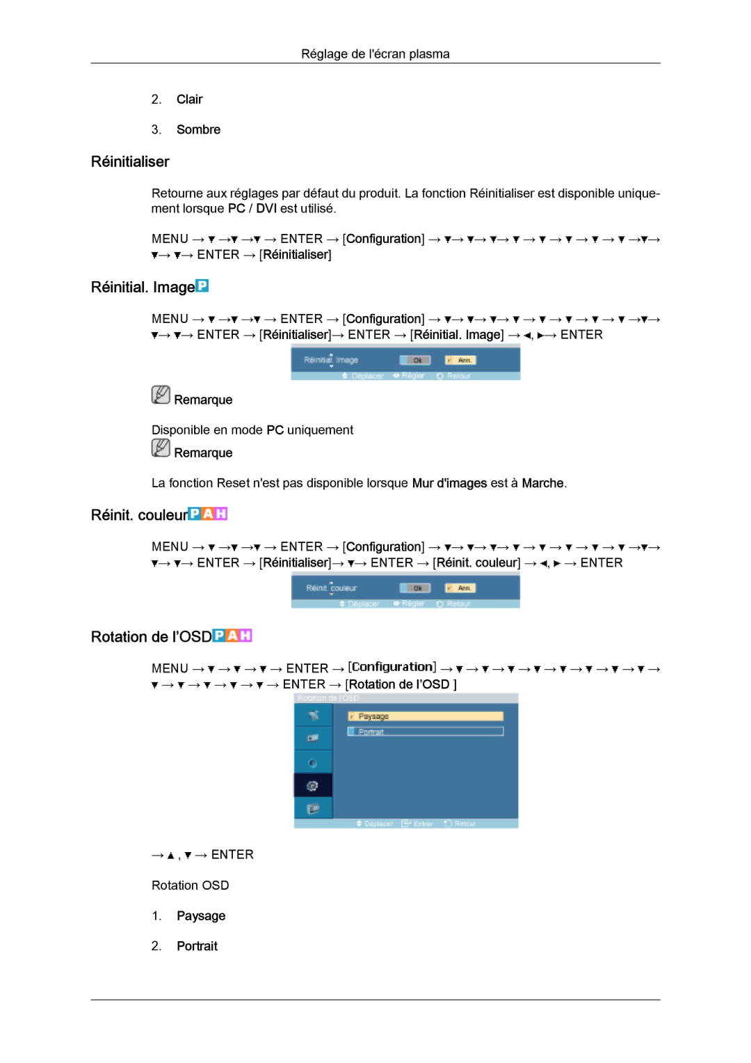 Samsung PH50KPPLBF/EN, PH63KPFLBF/EN, PH50KPFLBF/EN Réinitialiser, Réinitial. Image, Réinit. couleur, Rotation de l’OSD 
