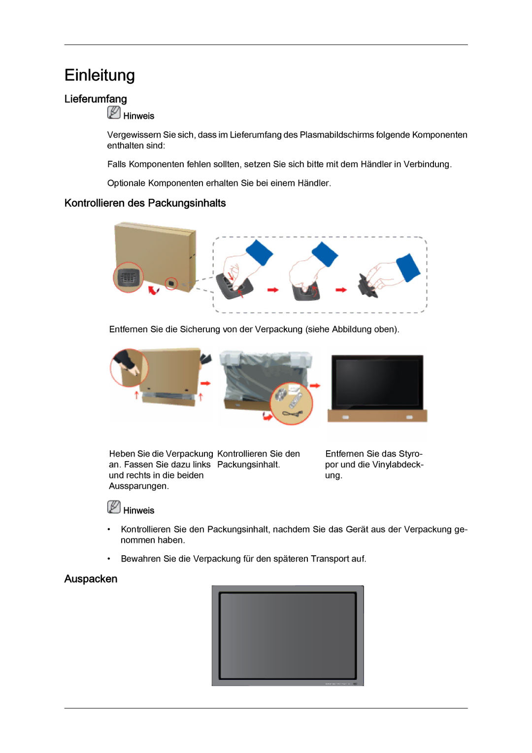 Samsung PH50KPFLBF/EN, PH63KPFLBF/EN, PH50KPPLBF/EN manual Lieferumfang, Kontrollieren des Packungsinhalts, Auspacken 